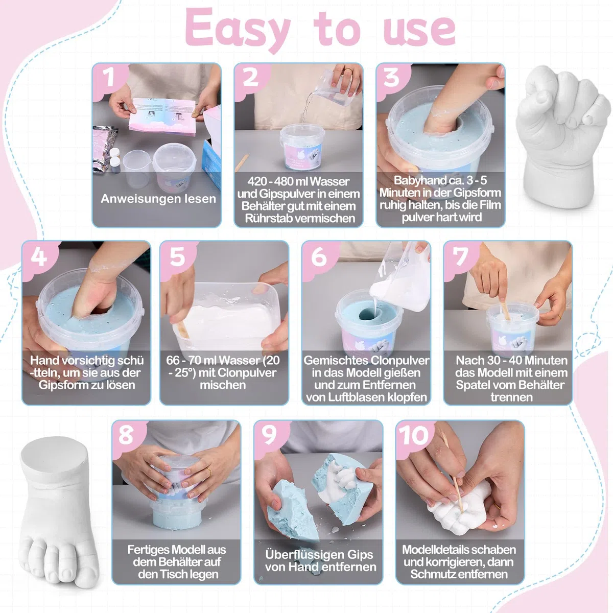 Huella de yeso para bebé, Kit 3D Molde Manos y Pies Para Bébé, Taricor Kit Escultura Manos y Pies, No Tóxico y Fácil de Usar, Recuerdos, Recuerdos para Niños o Recién Nacidos