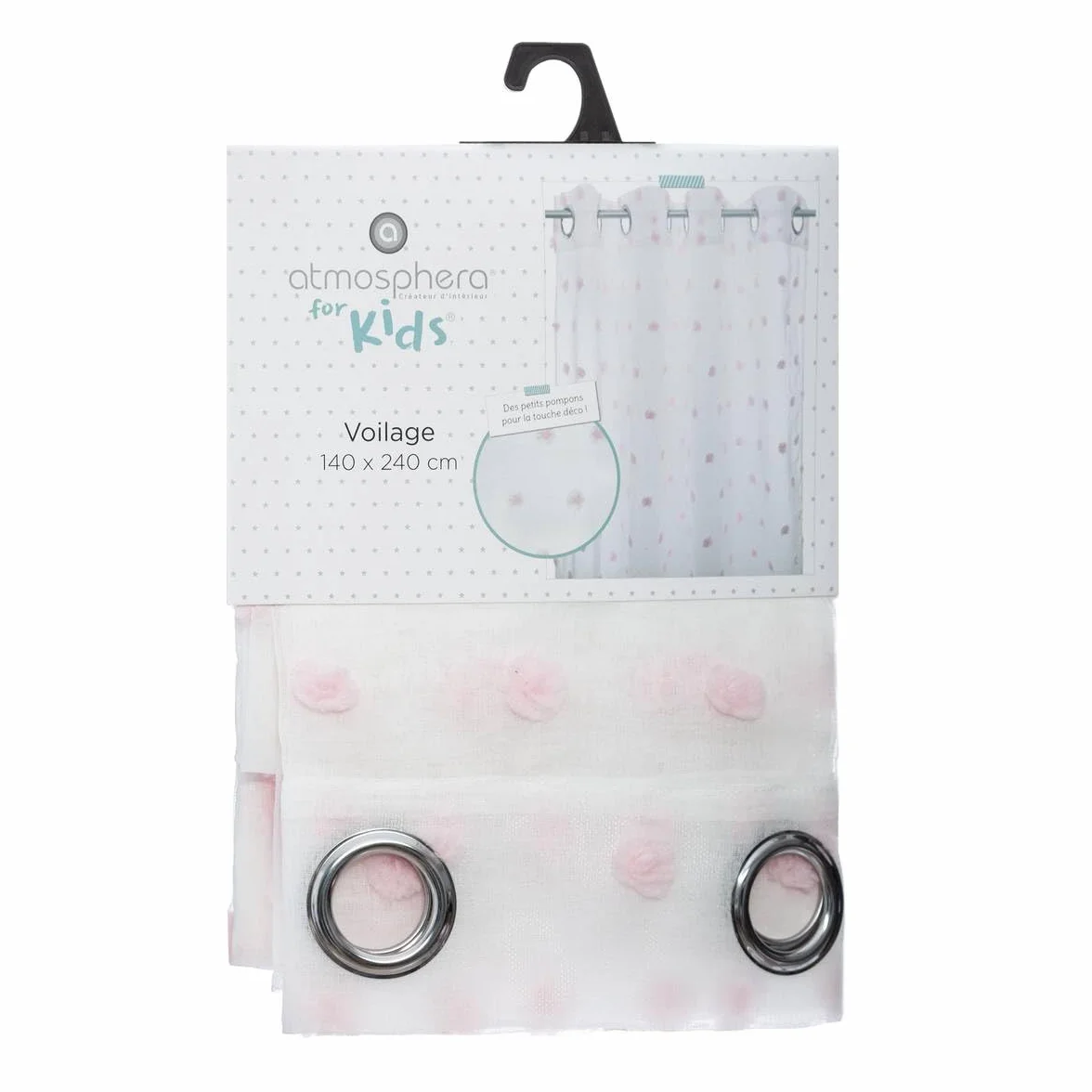 Atmosphera Cortina Infantil Pompons Blanca y Rosa 140 x 240 cm