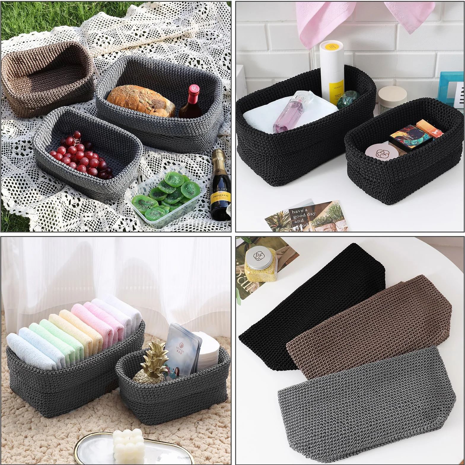 Cestas Almacenaje Tejidas a Mano 2Pcs, Cesta Organizadora Pequeña para Baños Cocinas Salones (Negro)