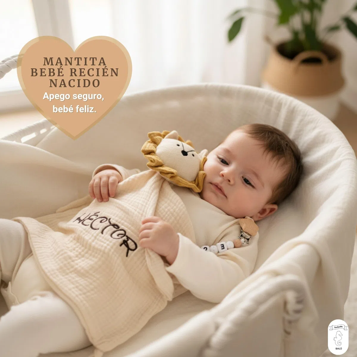 Doudou Bebé Personalizado con Nombre Bordado + Chupetero Madera | Algodón Orgánico 26x26 cm | Apto para Recién Nacidos, Hipoalergénico y Lavable | Regalo Bebé Personalizado Ideal (LEÓN)
