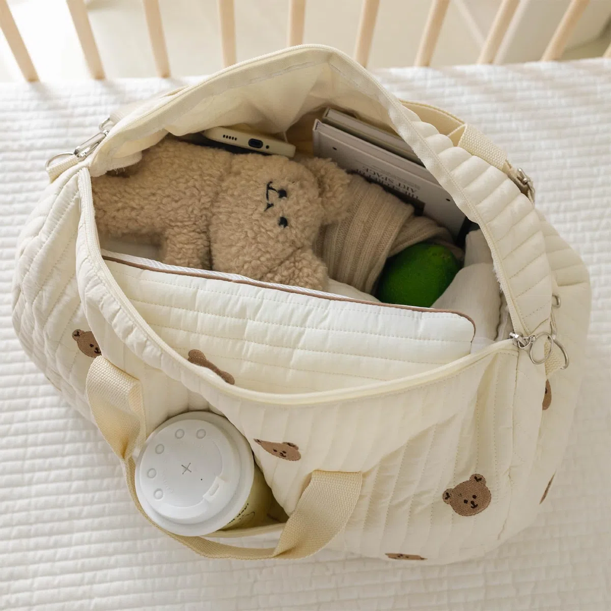 Wickeltasche Kinderwagen Baby Bag Babytasche 2er Set, Mama Tasche mit Bären-Stickerei für Geburt Kliniktasche Reisen, Groß Wickeltasche Tote für Mama und Baby