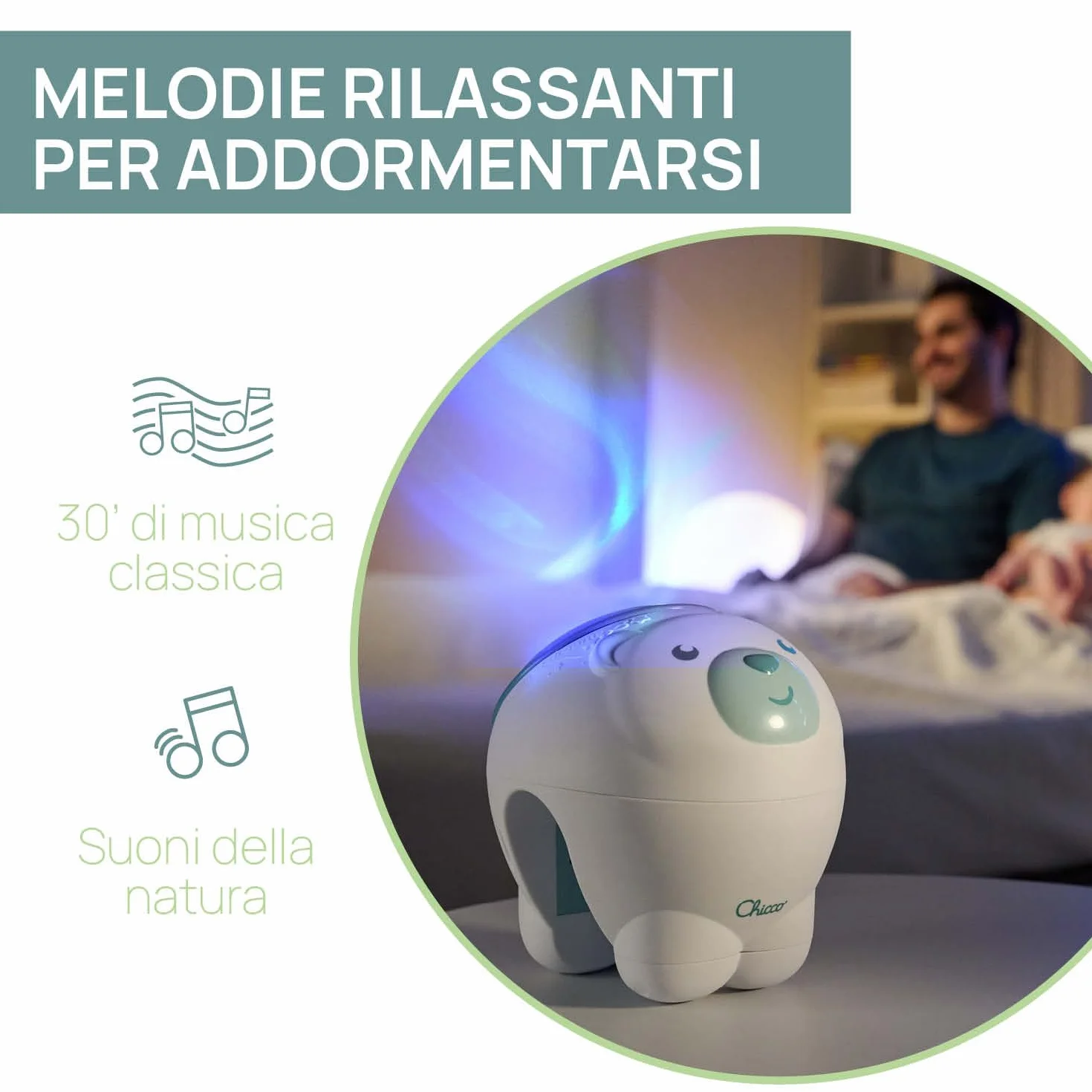 Chicco Proyector Oso Polar 2en1, Proyección Aurora Boreal, 30 Minutos Música Clásica, Sonidos Naturaleza, +0 Meses, Beige