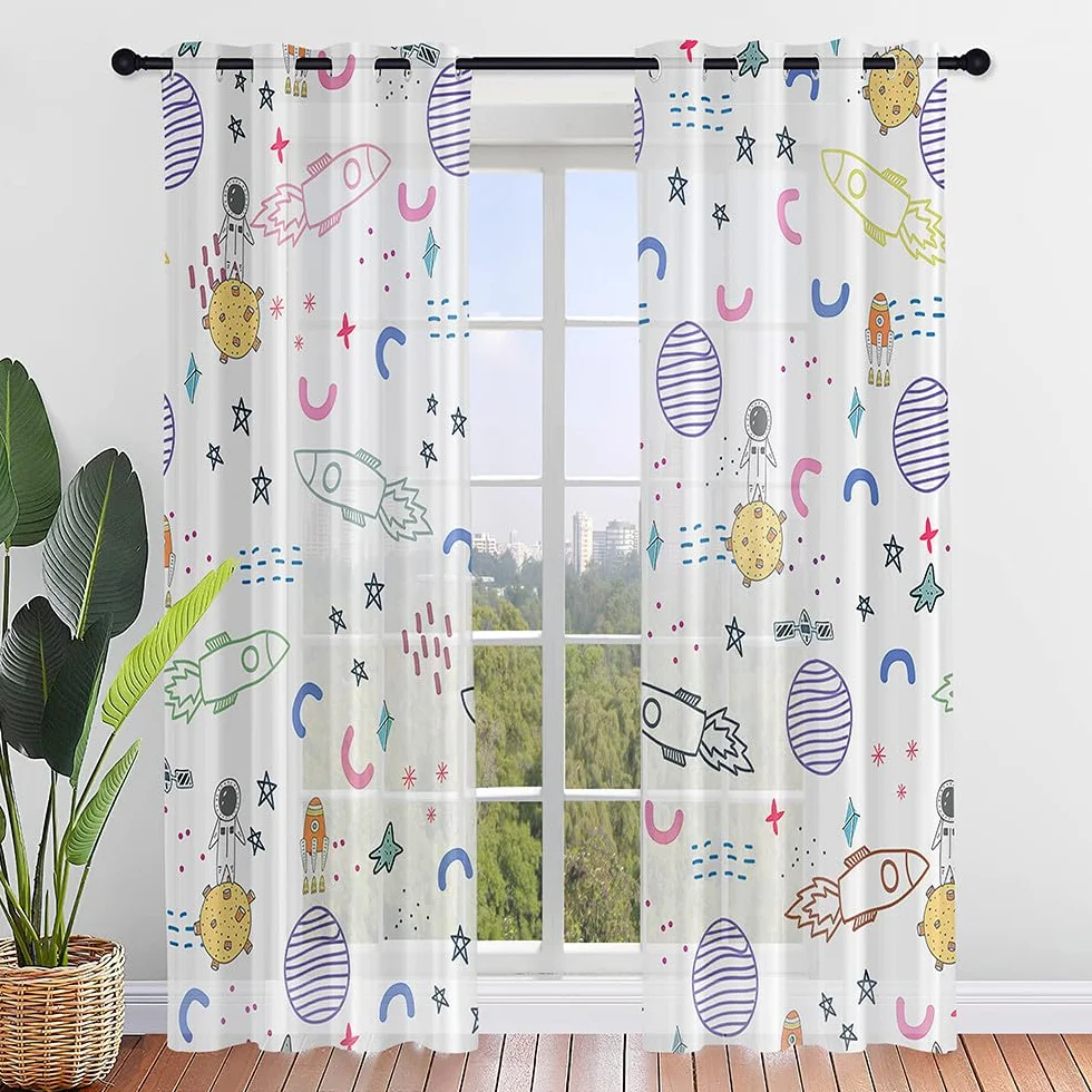 ENEN Cortinas Dormitorio Planeta Espacial 3D Translucidas 2 Piezas 140x160cm
