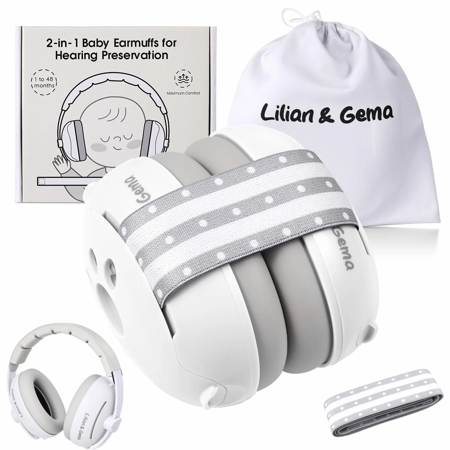 Lilian&Gema 2 en 1 Cascos Bebe Antiruido-Protectores auditivos para bebés,Diadema Ajustable, Antideslizante y sin Presión.Protección auditiva ideal para bebés de hasta 48 meses de edad
