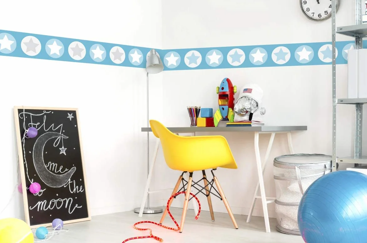 cenefa autoadhesiva, 450 x 11,5 cm, diseño de estrellas, gris-azul