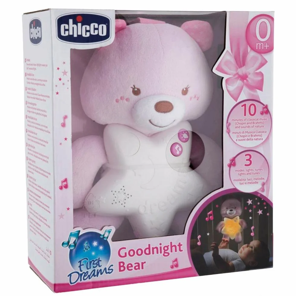 Chicco Panel de Cuna Osito Buenas Noches, Luz Nocturna, Suave Peluche, Luces y Melodías, Juguete Cuna, Rosa
