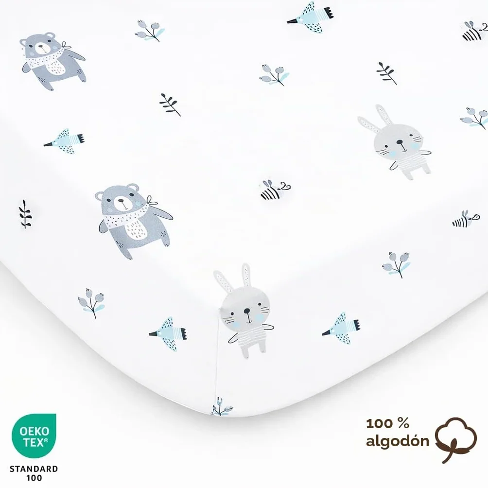 Sábanas Minicuna 100% Algodón – Sabanas Minicuna Compatible con Iora, Tori, Iora Air y Sleepi Mini (60 x 80 cm, Animales Azules)