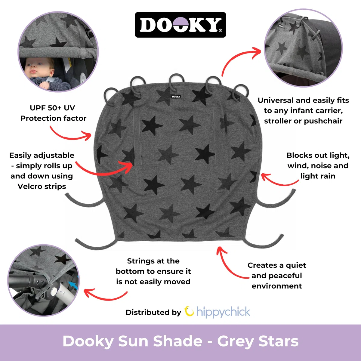 Dooky Universal Cover Grey Stars Protección Solar, Protección Climática Para El Asiento Del Bebé en el Coche y La Silla de Paseo (Protección Uv Spf 40+, Tüv Probado, Ajuste Universal), Gris