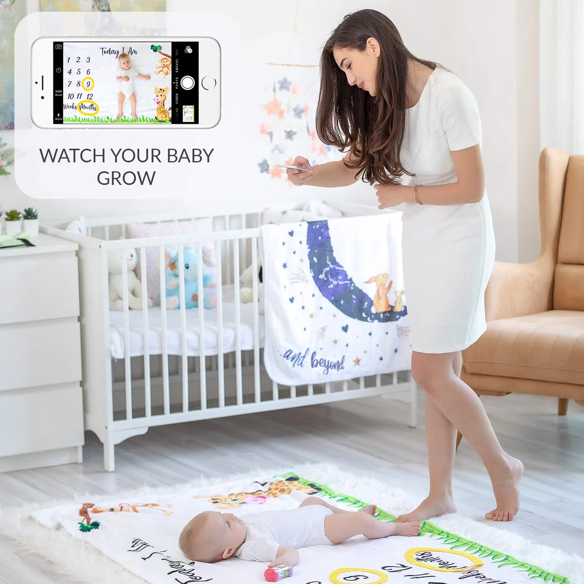ODOXIA Manta Mensual De Hito para Bebé, Unisex | Manta Mensual De Bebé para Fotos | Regalos Personalizados para Futuras Mamás | Registra Su Edad Y Crecimiento | Suave, Gruesa Y Grande