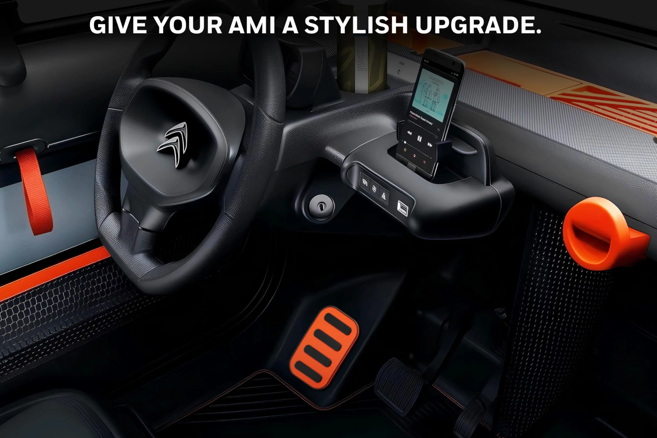 Reposapiés compatible con Citroen AMI – Reposapiés del conductor – Accesorio interior de coche – Protector de plataforma lado izquierdo naranja y negro – Montaje sin agujeros