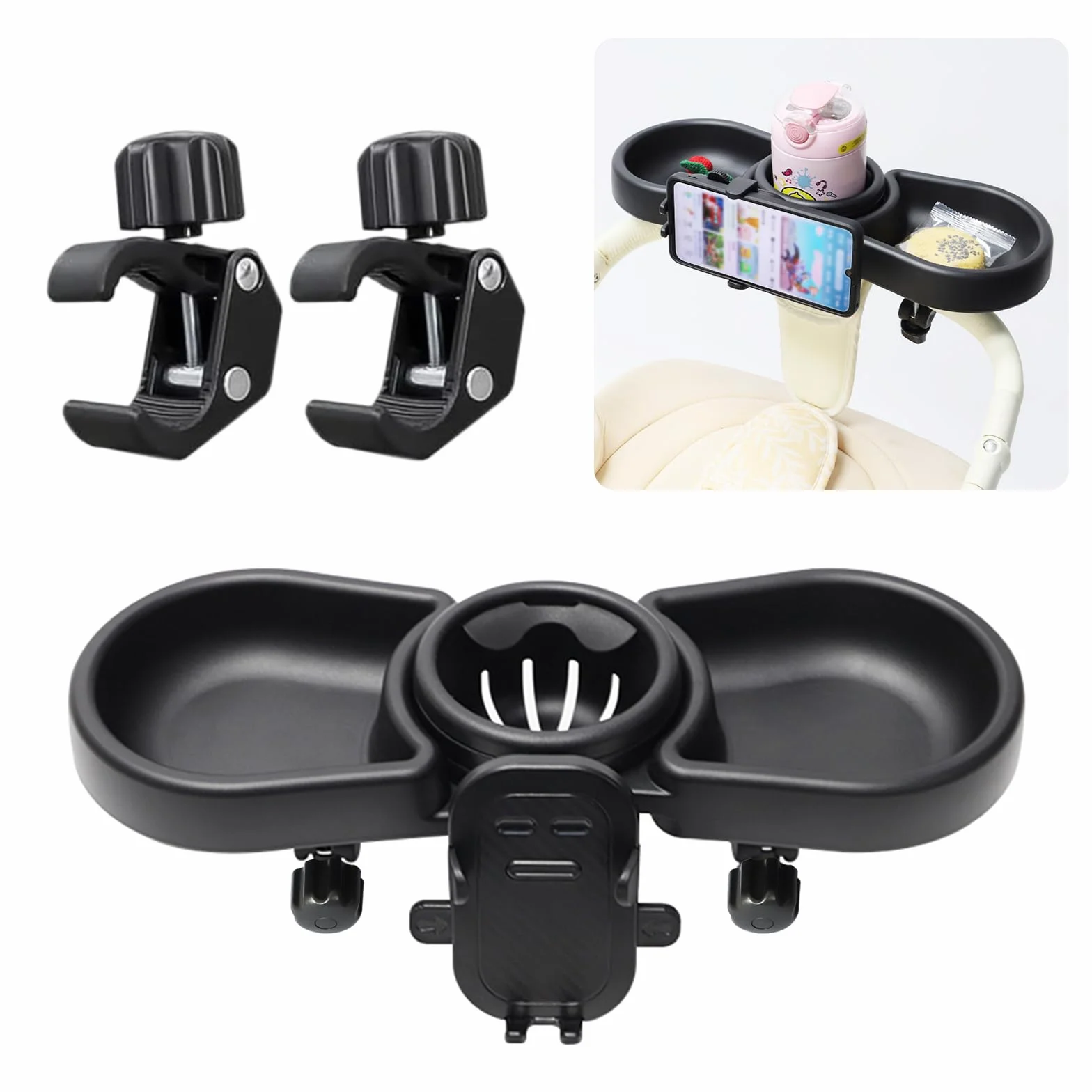 Vihir Bandeja para Cochecito de Bebé, 4 en 1 Bandeja de bocadillos Universal para Cochecito con Portabocadillos y Soporte para Móvil, Clip Ajustable Giratorio 360°, para Cochecitos con Reposabrazos