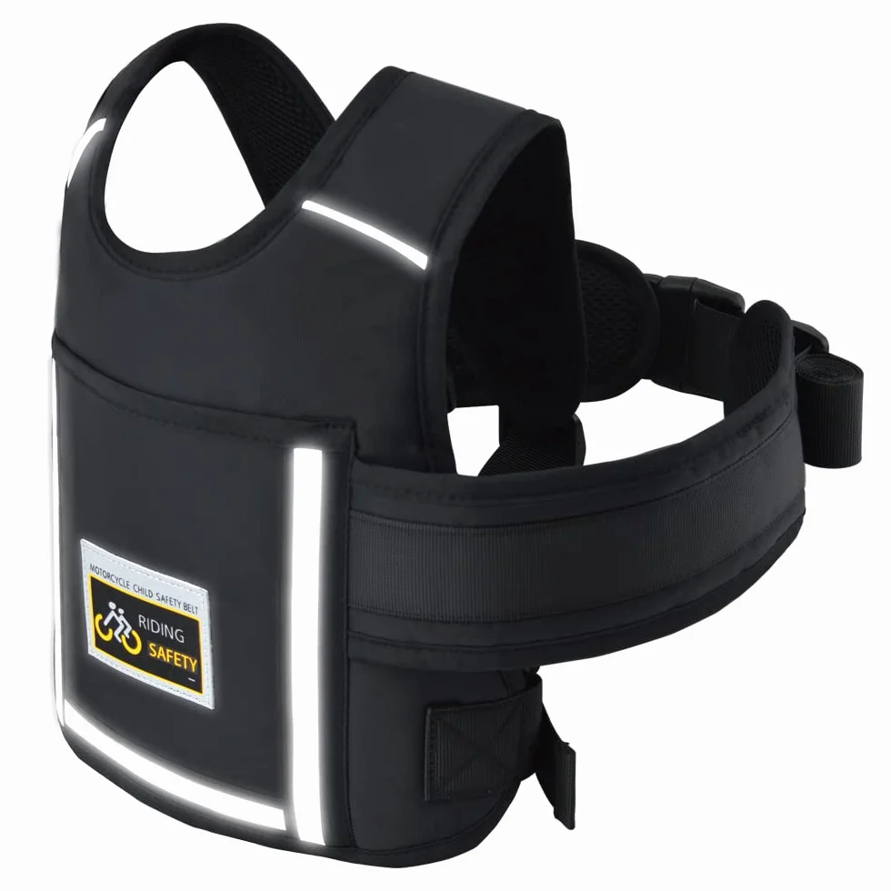 Jolik Upgrade Cinturón Moto Niño, Adjustable Arnes Moto Para Niño with Pocket, Reflective Breathable Material in Black