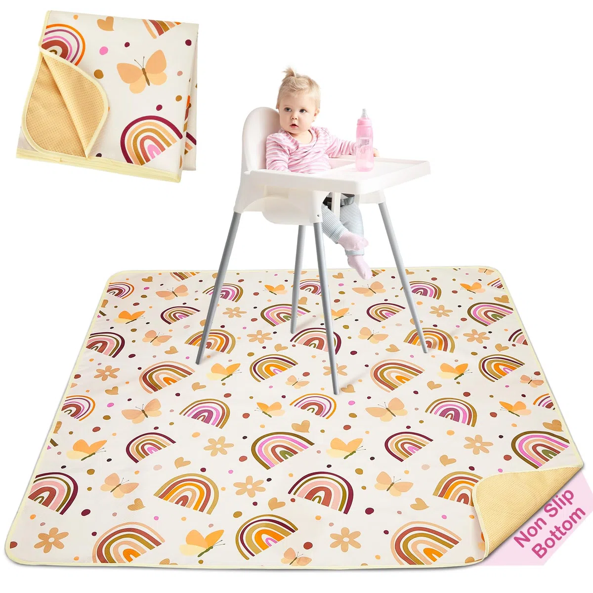Unicorn Castle Alfombrilla Trona Bebé 107x117cm, Alfombra Impermeable Lavable Antideslizante, Splash Mat Plegable y Portátil para Comidas y Protección del Suelo,Brown Rainbow