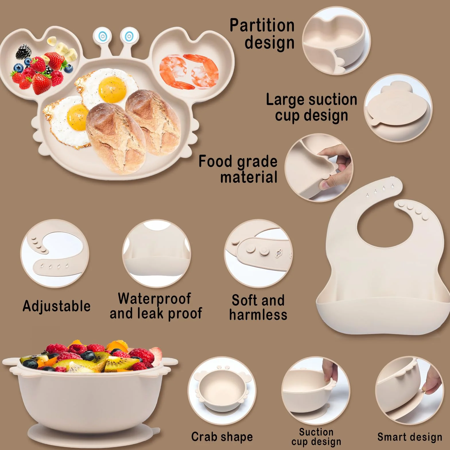 Vajilla Bebe Silicone, 10 Piezas Cubiertos, Antideslizante Con Plato Bebe Ventosa Vasito Cuchara Babero, Vajilla Aprendizaje Comer Destete (Beige)