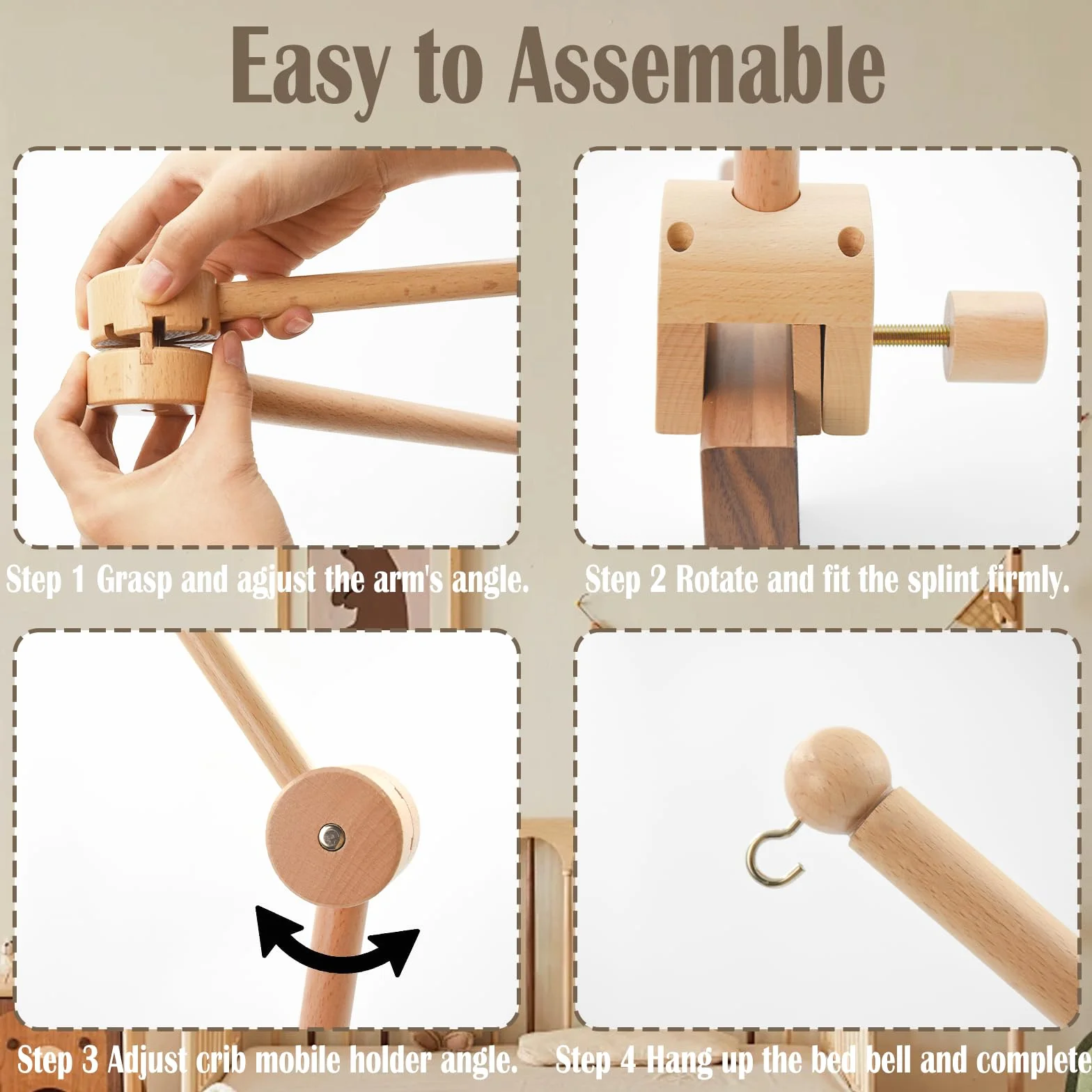 Soporte móvil para bebé, Soporte Móvil Cuna de Madera, Altura Ajustable Carrusel Cuna Bebe, Percha para Móvil de Bebé Extraíble, para Colgar Campanas de Viento Campana de Cama Juguetes