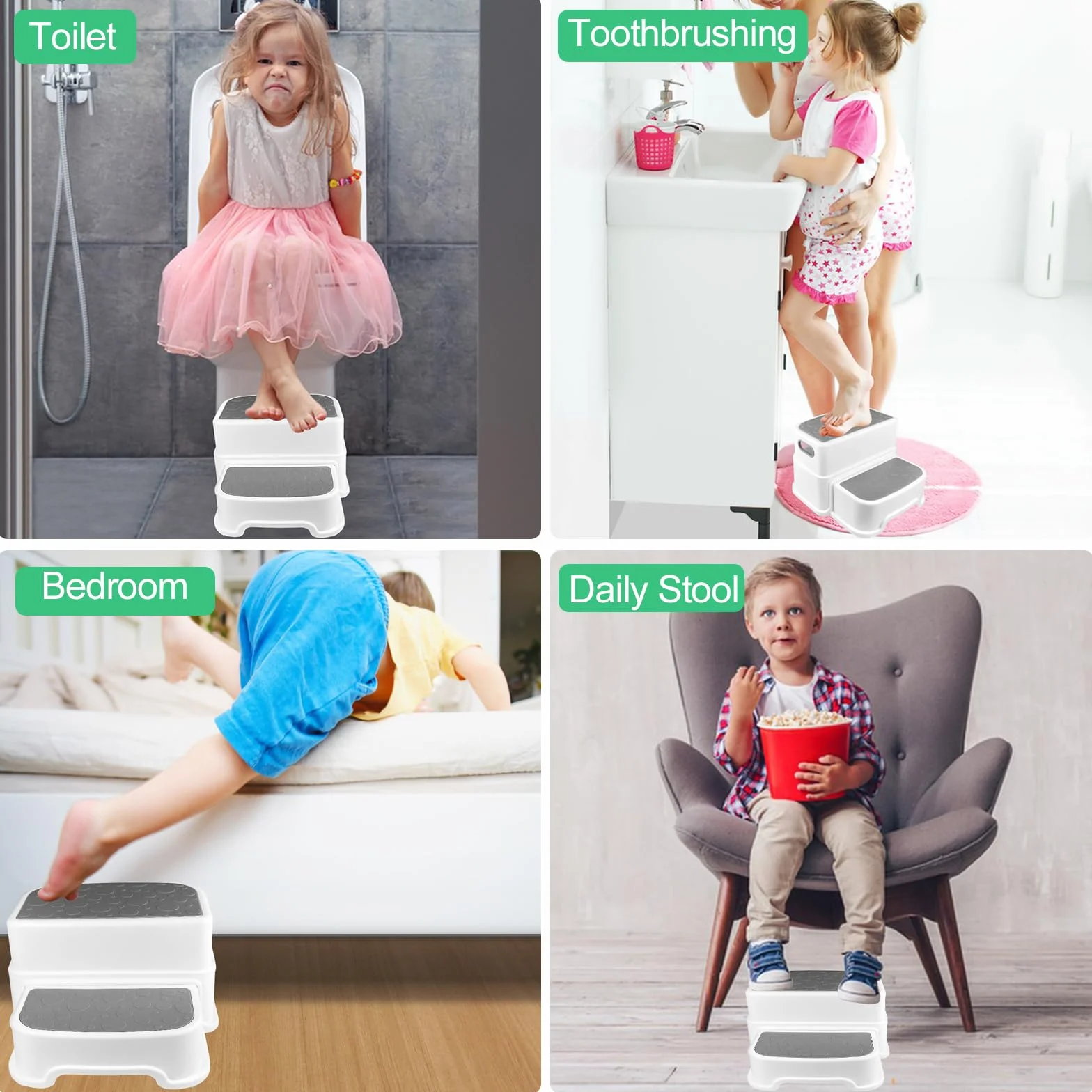 Maxentico 2 Peldaños Escalón Infantil Antideslizante Taburete Baño Niños Escalera Cama WC Cocina Gris