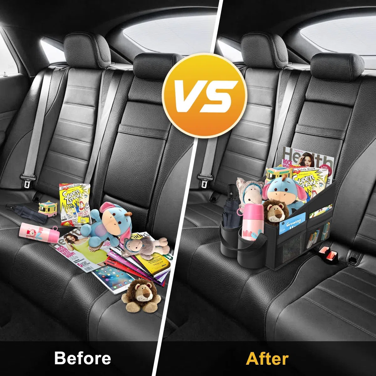 WOCVRYY Organizador Maletero Coche para Asiento Delantero Trasero y Maletero Plegable con Compartimentos y Bolsillos de Malla con Portavasos para Guardar Juguetes Mapas Juegos y Más