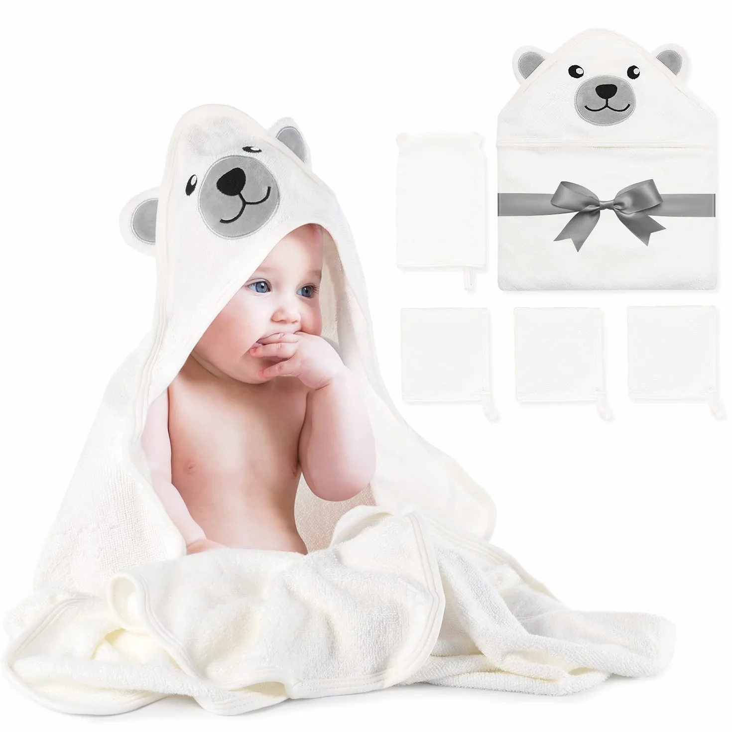 Momcozy Bambú Juego de Toallas de Baño para Bebé, Toalla Bebe Capucha 1 Pieza, Toalla Bebe 3 Piezas, Guante de Baño para Bebé 1 Pieza, Suave, Transpirable, Adecuado para Niñas y Niños