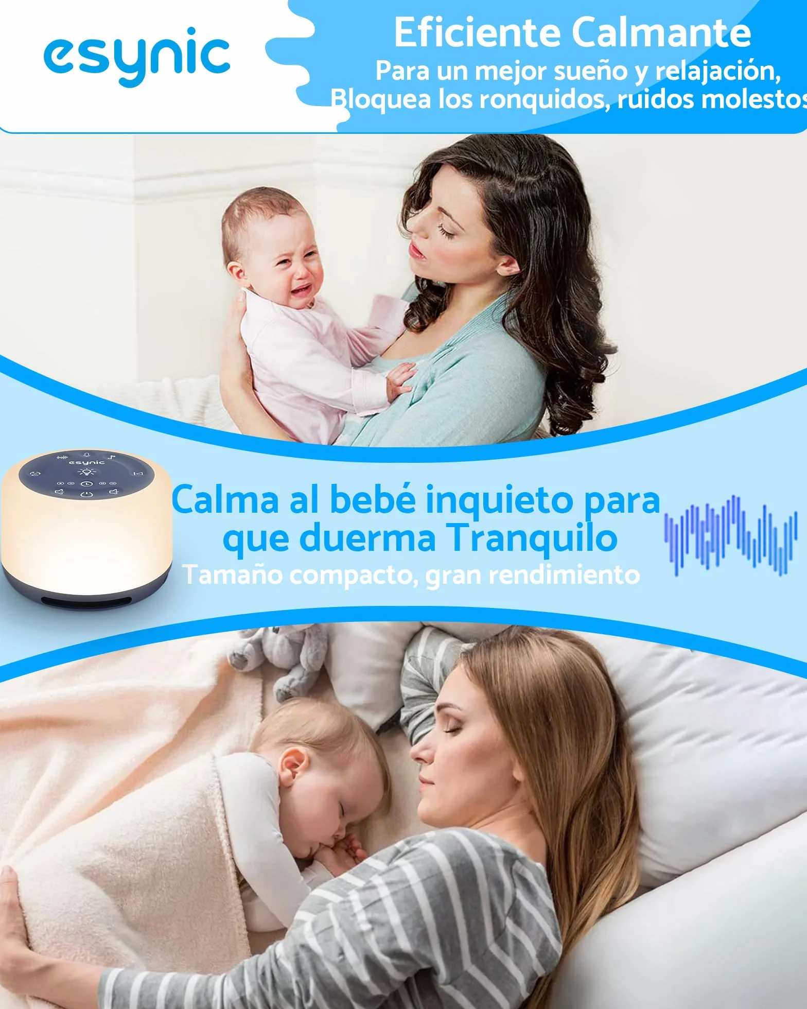eSynic Máquina de Ruido Blanco Portátil para Dormir Bebé 30 Sonidos Relajantes Luz Nocturna Temporizador Batería