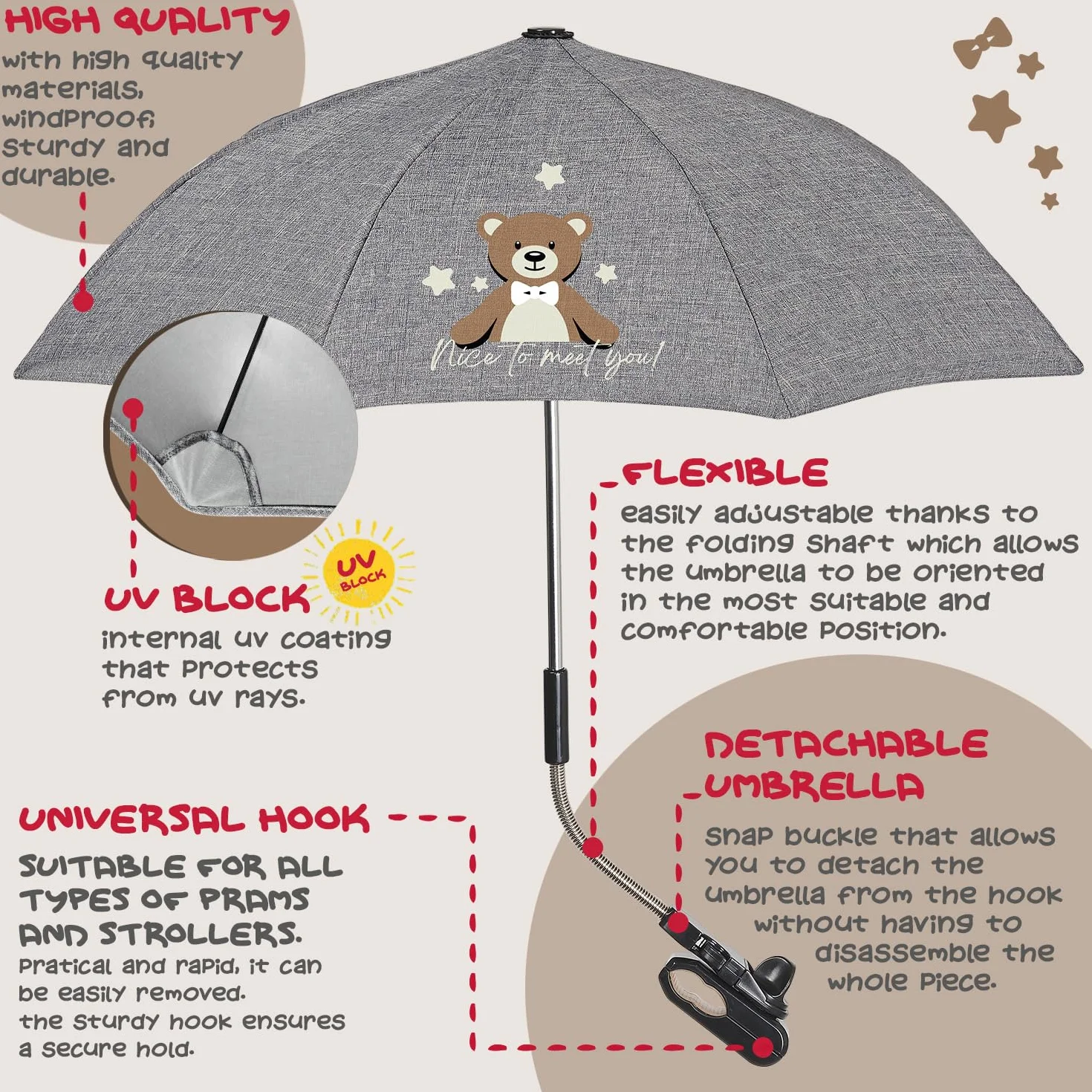 PERLETTI Sombrilla Carro Bebe Universal Anti UV con Osito - Mini Paraguas Cochecito Niño Niña Protección Solar Apertura Manual - Sombrilla Lluvia para Carrito Silla de Paseo - Diámetro 68 cm (Osito)