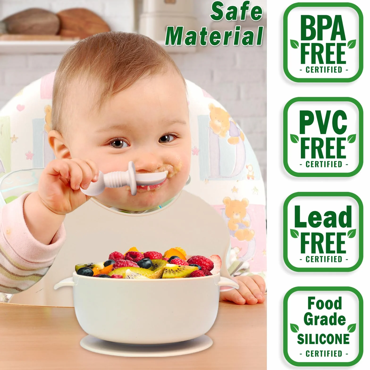 Juego de vajilla de silicona para bebé, 10 piezas: platos, antideslizantes, ventosa, cuenco, babero, cuchara, tenedor, vaso, juego de tetina de frutas, color beige