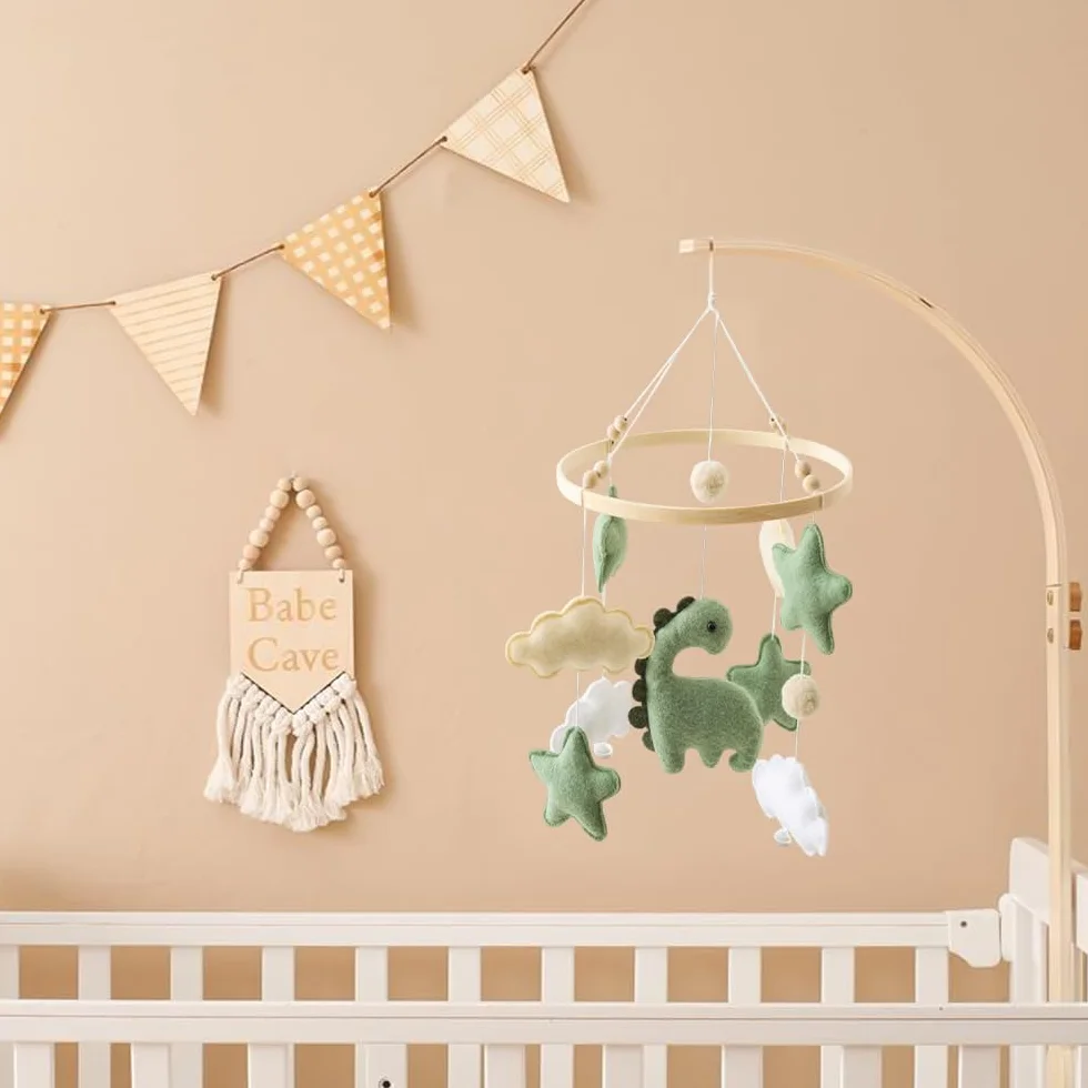 Movil Cuna Bebe, Carrusel Cuna Bebe con Dinosaurios, Nubes y Estrellas, Mobile bebe Colgante Decoración, Regalo para Recién Nacidos, Niños y Niñas