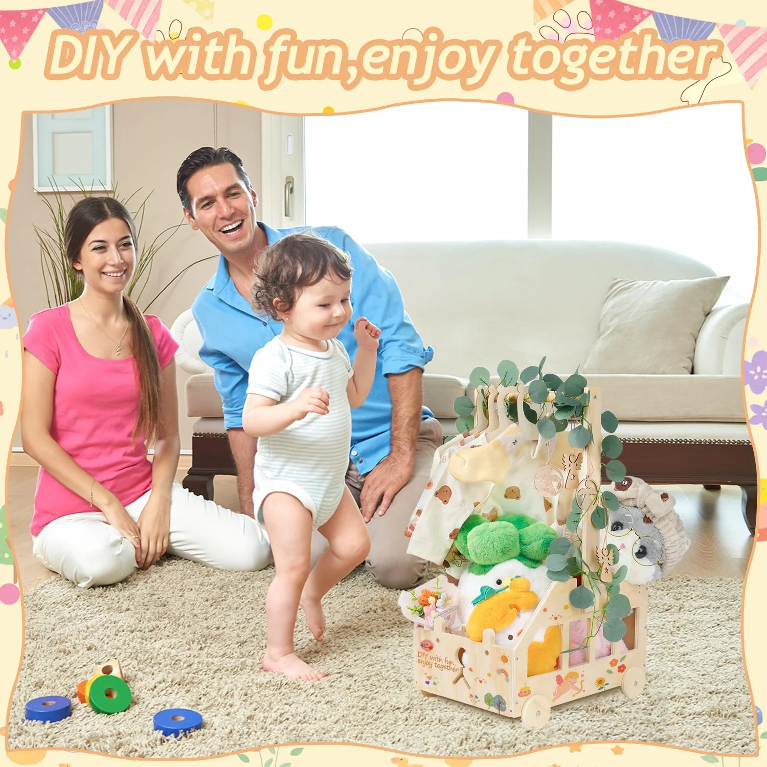 Cesta Madera Baby Shower Regalo Bebé Recién Nacido Niño Niña Armario Bebe Regalos para Baby Shower Bañera para Bebé con Ruedas Vacia Cesta de Madera con Hojas Decorativas Etiqueta de ángel y Perchero