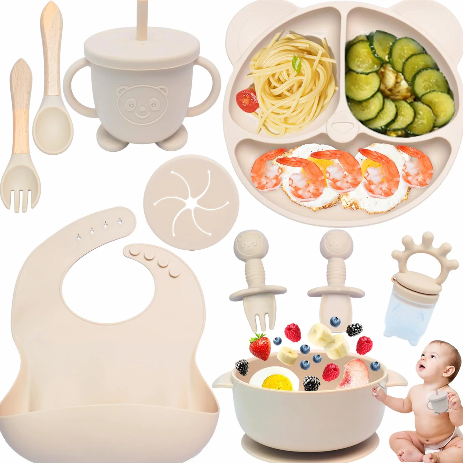 Juego de vajilla de silicona para bebé, 10 piezas: platos, antideslizantes, ventosa, cuenco, babero, cuchara, tenedor, vaso, juego de tetina de frutas, color beige
