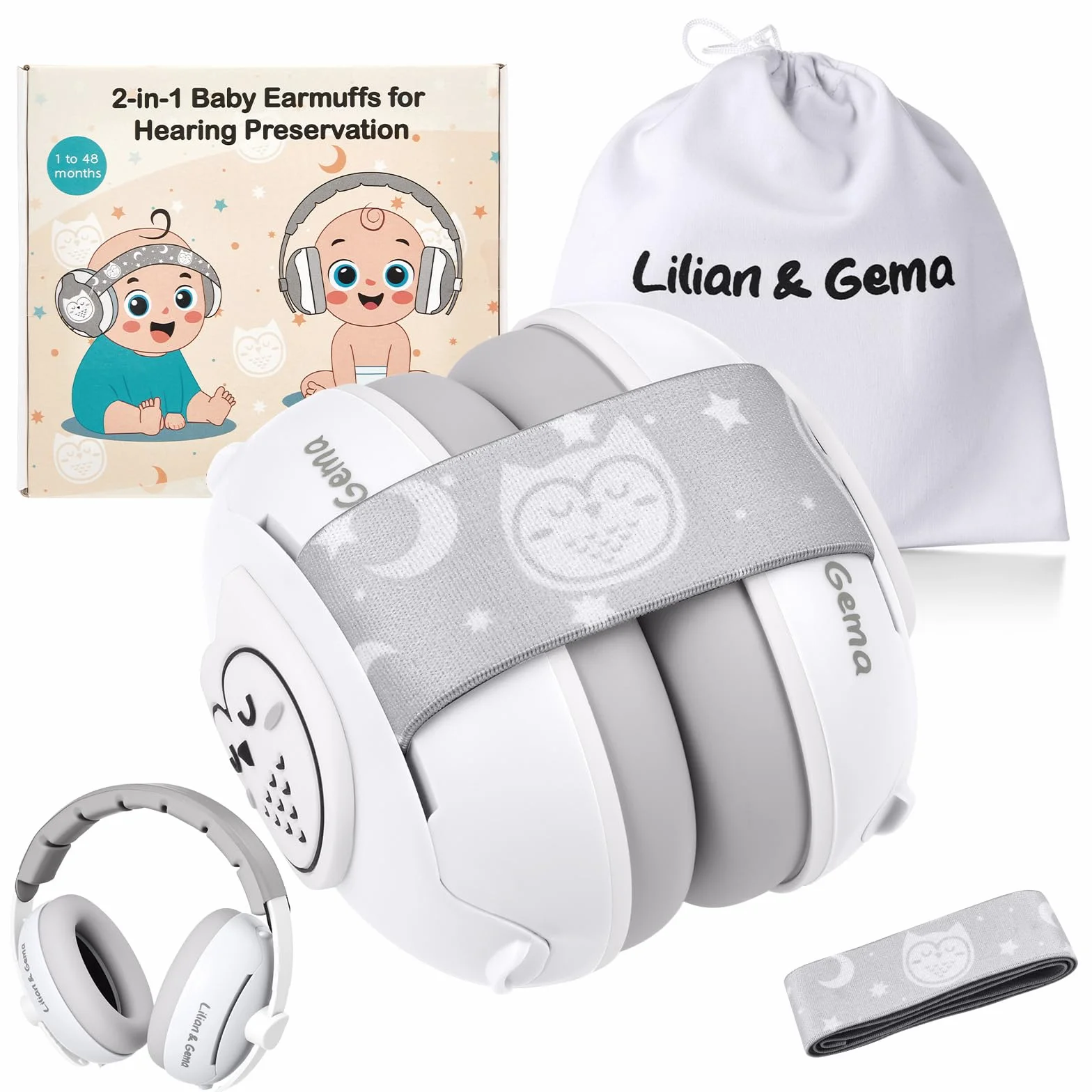 Lilian&Gema 2 en 1 Cascos Bebe Antiruido-Protectores auditivos para bebés，Diadema Ajustable, Antideslizante y sin Presión.Protección auditiva ideal para bebés de hasta 48 meses de edad