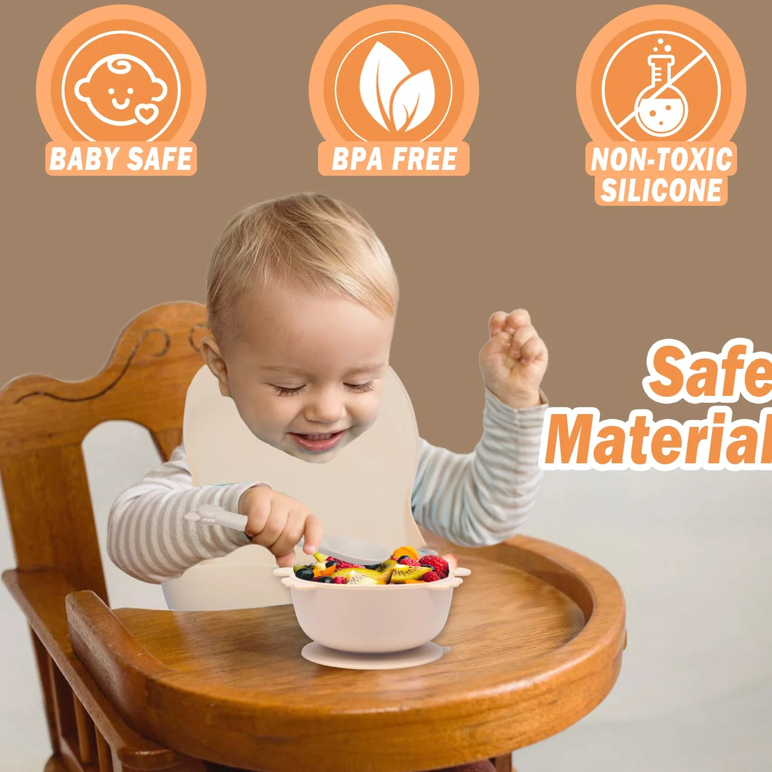 Vajilla Bebe Silicone, 10 Piezas Cubiertos, Antideslizante Con Plato Bebe Ventosa Vasito Cuchara Babero, Vajilla Aprendizaje Comer Destete (Beige)