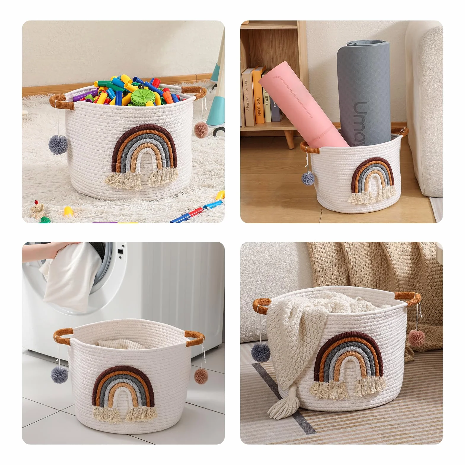 Cestas de Almacenamiento de Juguetes para Niños, Cesta de Cuerda de Algodón con Arcoíris 3D, Café