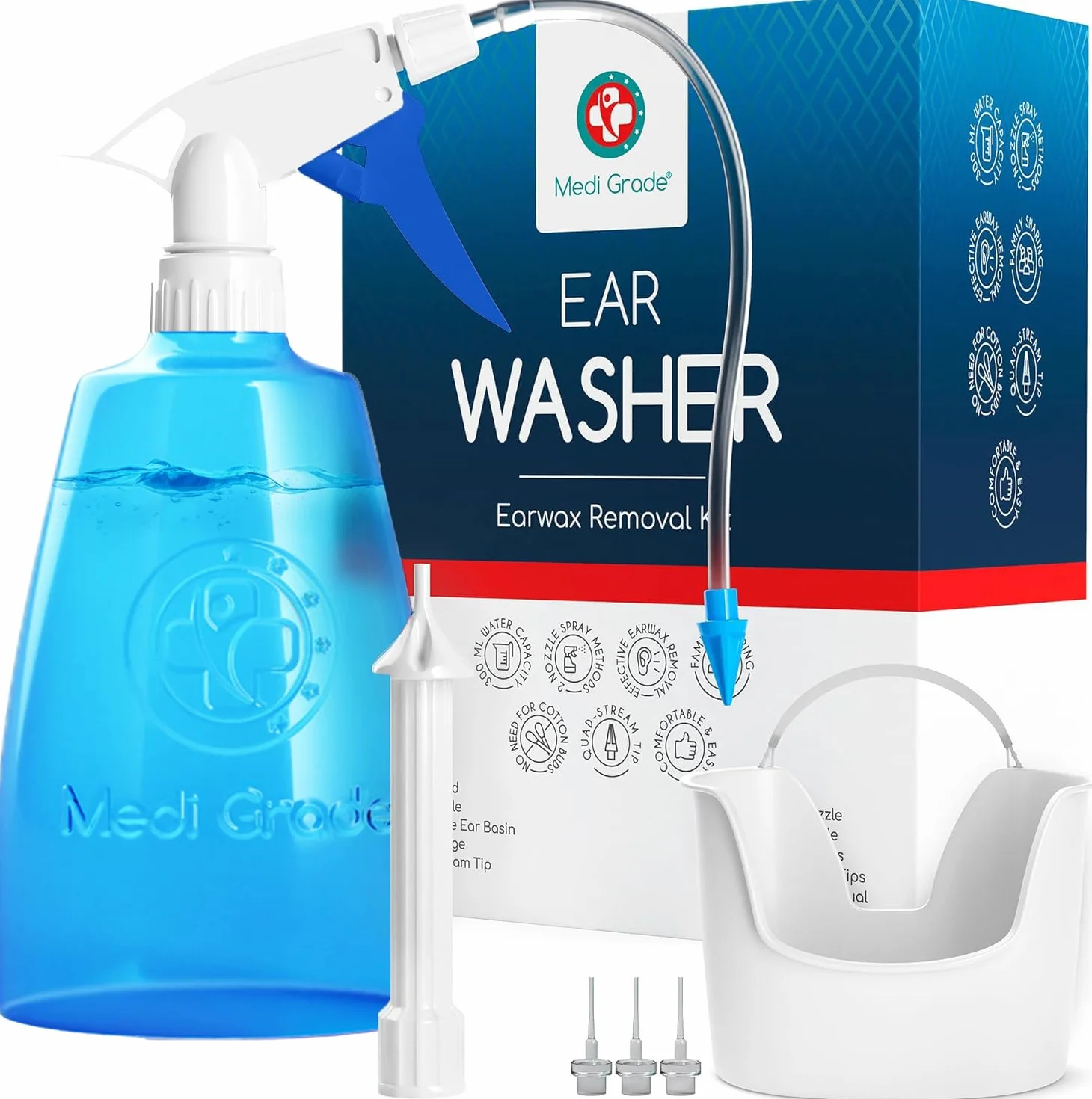 Medi Grade Kit de Eliminación de cera con Botella de 300 ml - Limpiador de Oídos con 2 Boquillas de Pulverización - Kit de Limpieza de Oídos Hogar, Juego de Riego con 5 Puntas y Lavabo Manos Libres