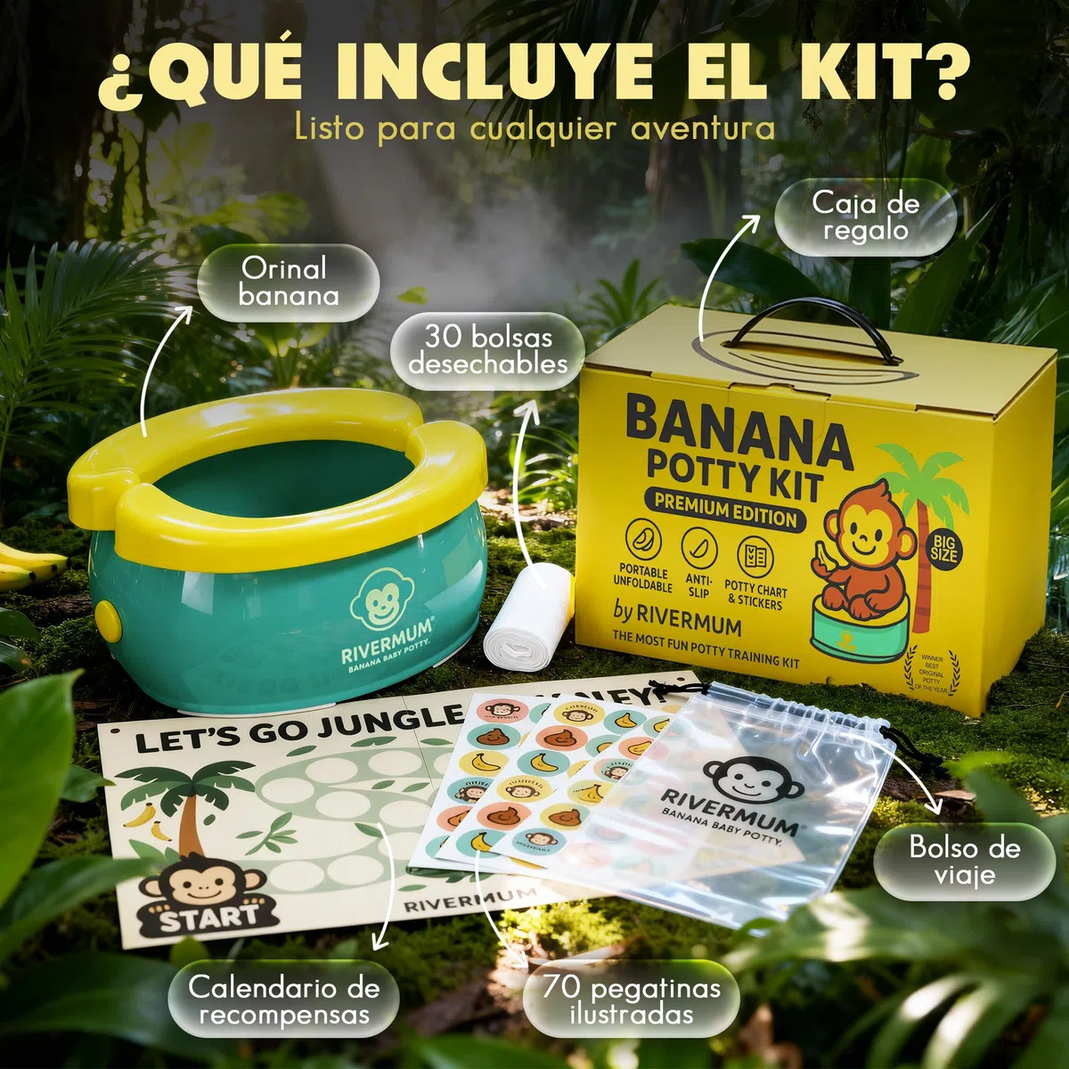 Kit Orinal Portatil Niños Plegable Banana XL, Orinal Infantil Pórtatil para viajes o casa, WC Inodoro portatil Niños, Potty Training, Incluye Bolsas, Pegatinas y Cacalendario (VERDE)