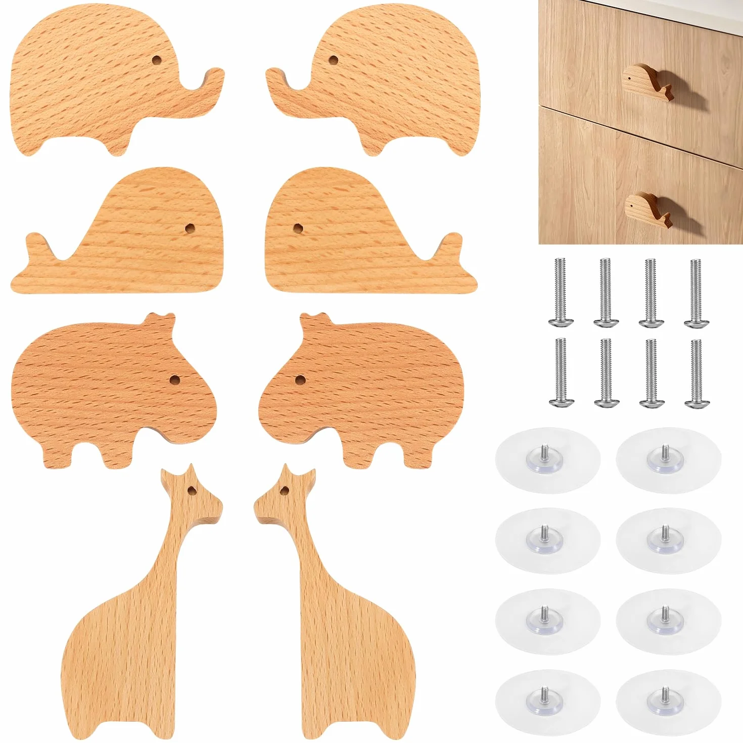 8 piezas Pomos y Tiradores Cajones Infantiles Madera, Tiradores Decorativos de Animales para Armario, Bebe Habitacion, Niños.