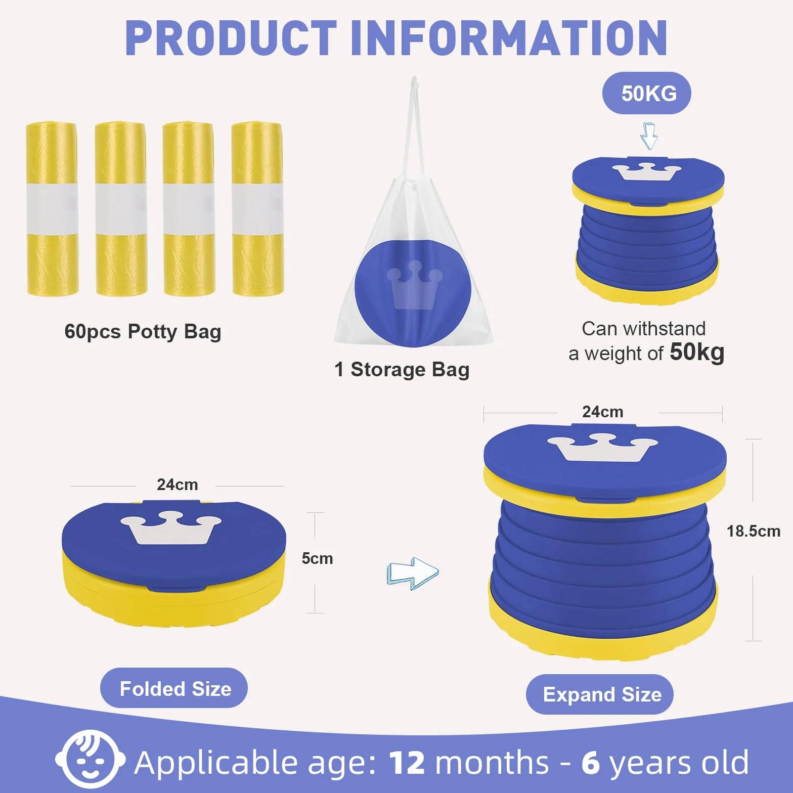 WC Portatil Niños Orinal Plegable Vater Inodoro Plegable Orinales Infantiles Bacio Portátil Urinal Potty Training Niño Penico Vasenilla Niña + 60PCS Bolsas Orinal Portatil para Viaje Camping (Azul)