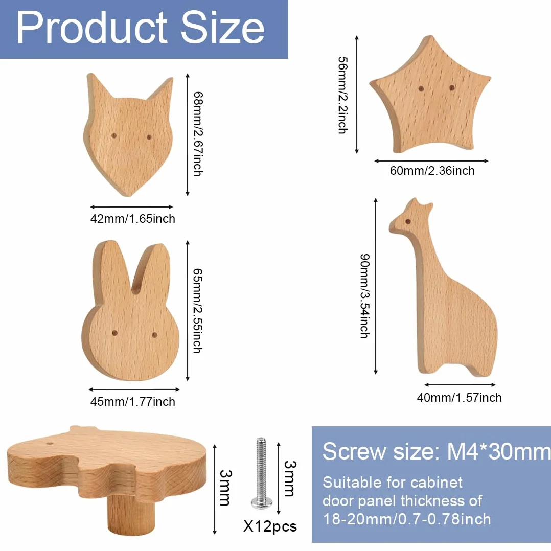12PCS Tiradores de Armarios Infantiles, Pomos de Madera Infantiles con Forma de Animales para Muebles, Pomos Infantiles para Cajones con Tornillos para Cajones, Armarios, Cómoda
