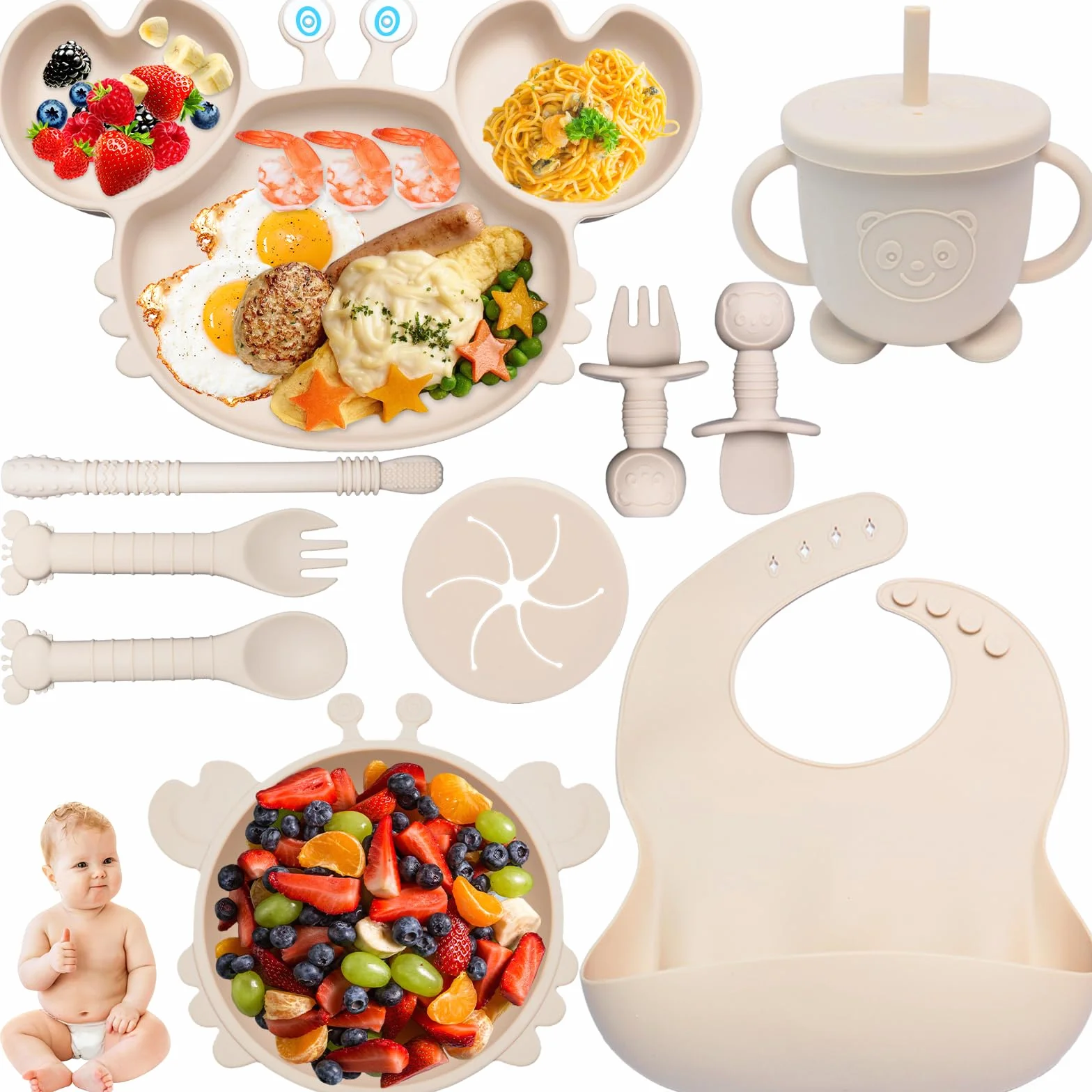 Vajilla Bebe Silicone, 10 Piezas Cubiertos, Antideslizante Con Plato Bebe Ventosa Vasito Cuchara Babero, Vajilla Aprendizaje Comer Destete (Beige)