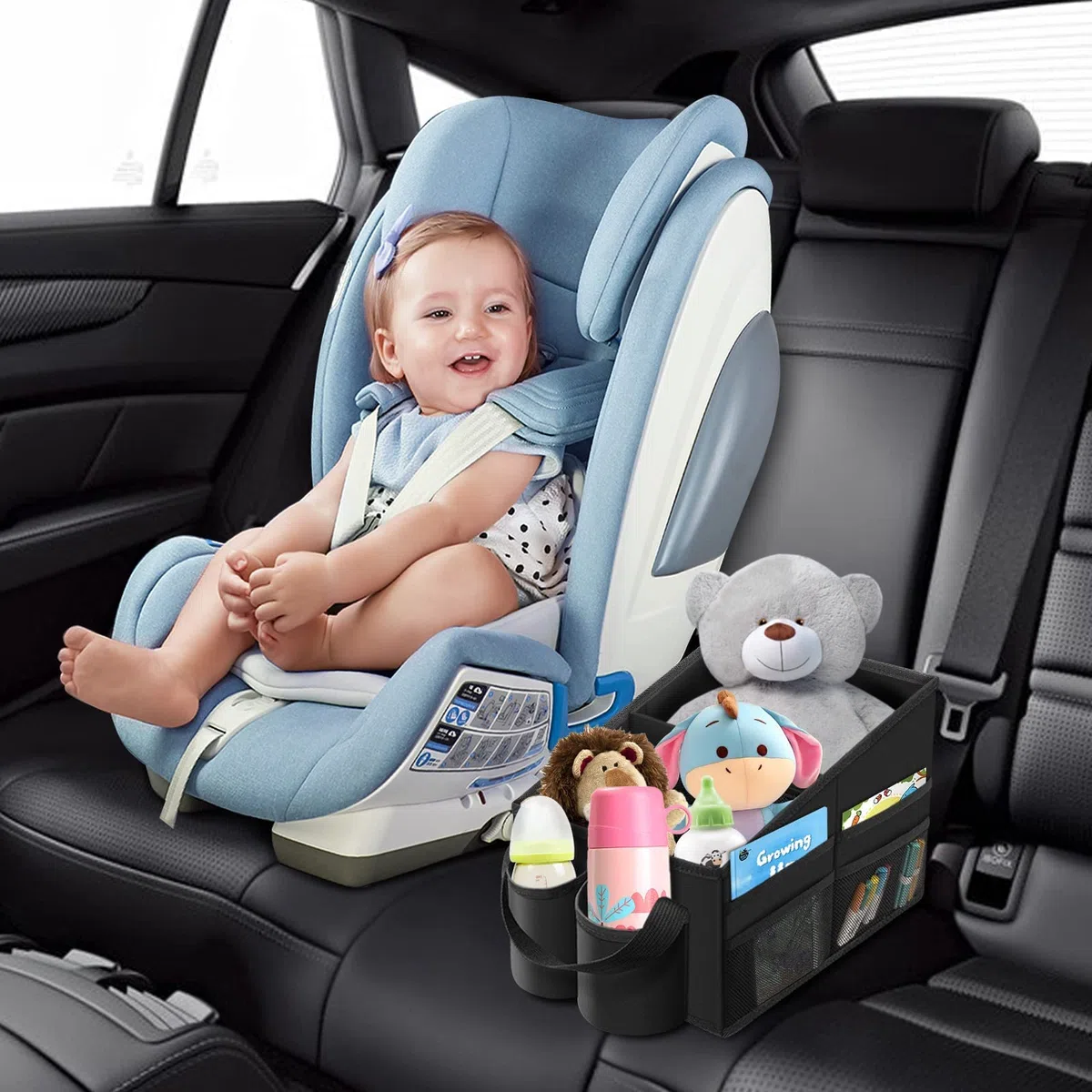 WOCVRYY Organizador Maletero Coche para Asiento Delantero Trasero y Maletero Plegable con Compartimentos y Bolsillos de Malla con Portavasos para Guardar Juguetes Mapas Juegos y Más