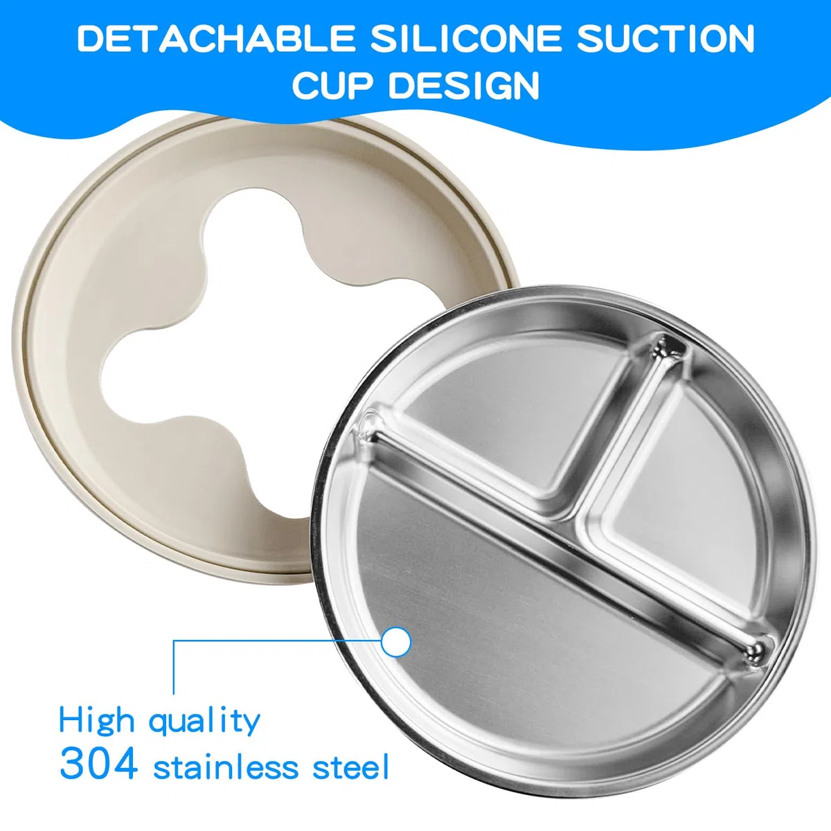 2 PièCes Assiettes En Acier Inoxydable Avec Ventouse BéBé Avec Un Lot De 2 CuillèRes Et Fourchettes, Ustensiles Pour Tout-Petits, Set Repas AntidéRapant Pour BéBéS Et Tout-Petits (Gris + Beige)