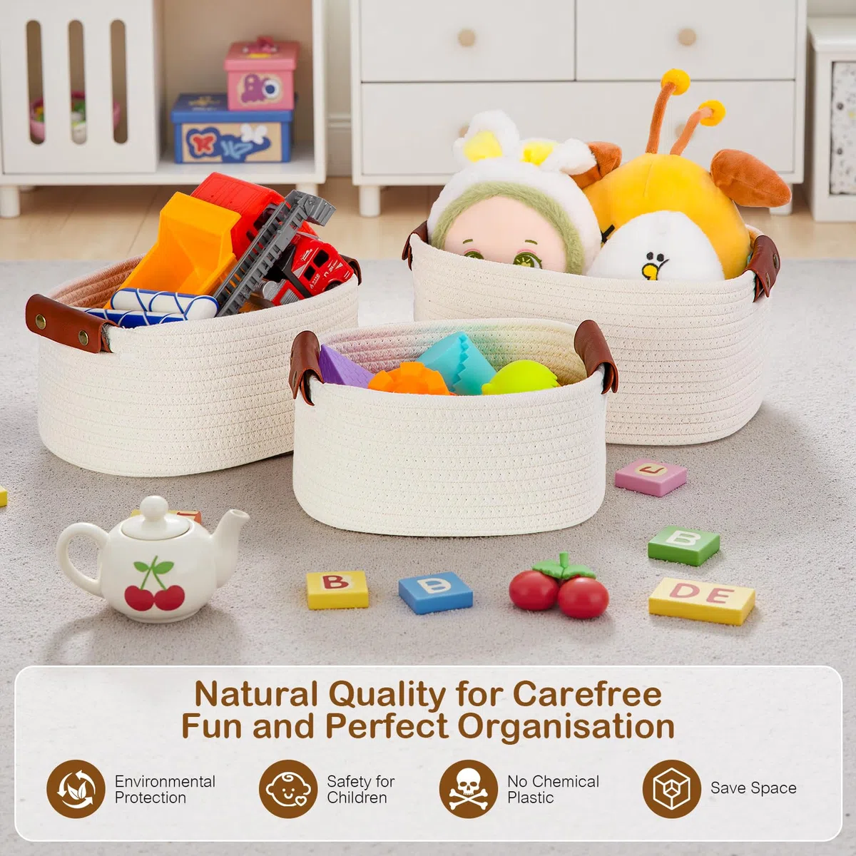 Cestas Almacenaje Tejidas con Cuerda de Algodón,Juego de 3 Cesta Organizadora Bebe, Cestos Organizadores para Salones, Armarios, Juguetes y Baño(Beige)