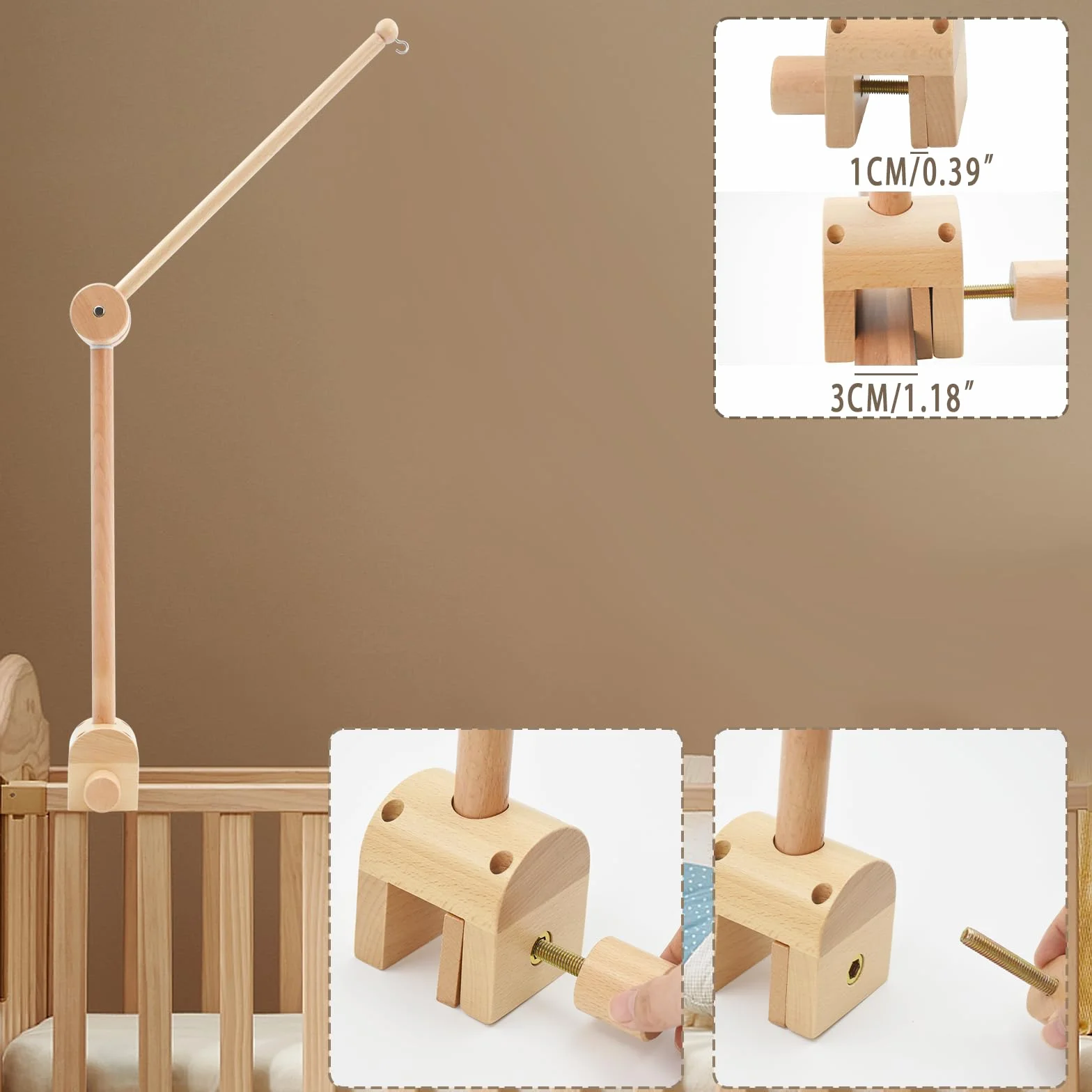 Soporte móvil para bebé, Soporte Móvil Cuna de Madera, Altura Ajustable Carrusel Cuna Bebe, Percha para Móvil de Bebé Extraíble, para Colgar Campanas de Viento Campana de Cama Juguetes