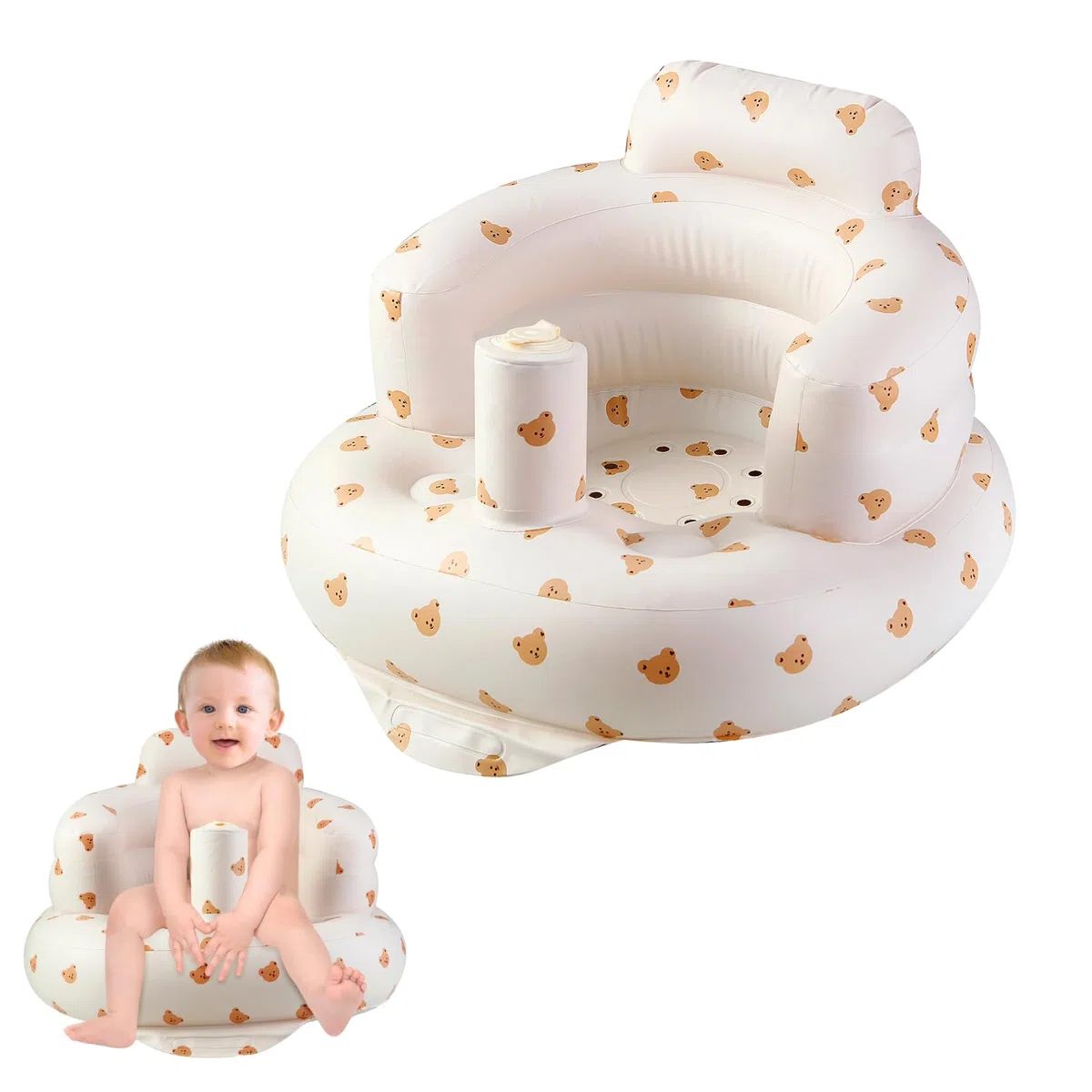 PandaEar Asiento Inflable para Bebés, Silla Infantil Inflable con Bomba de Aire Integrada para Bebés de 3 Meses+, Silla para el Suelo para Aprender a Sentarse, Modelo Oso