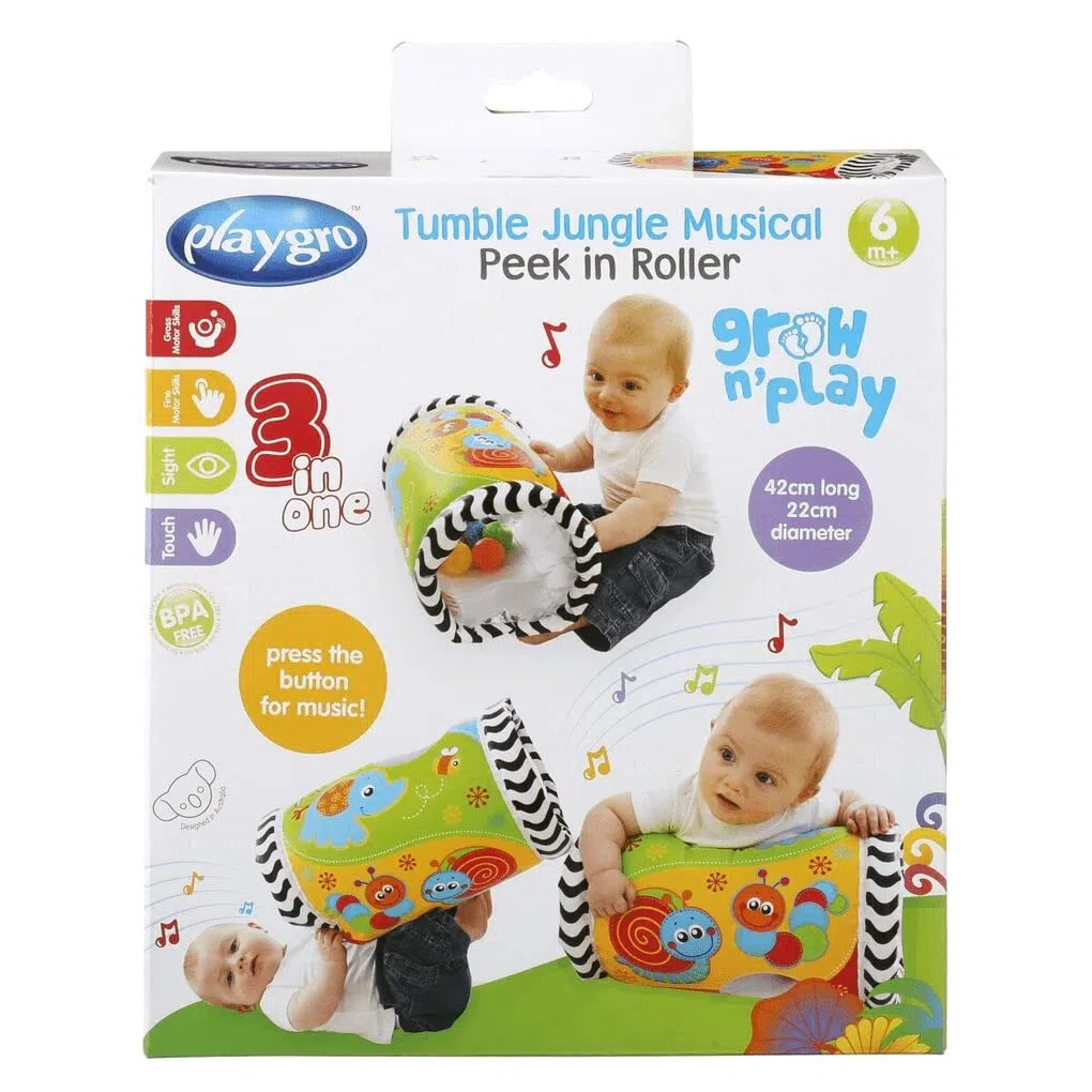 Playgro Rulo de Actividades Musical, Desde los 6 Meses, Tumble Jungle Peek in Roller, Multicolor, 40154