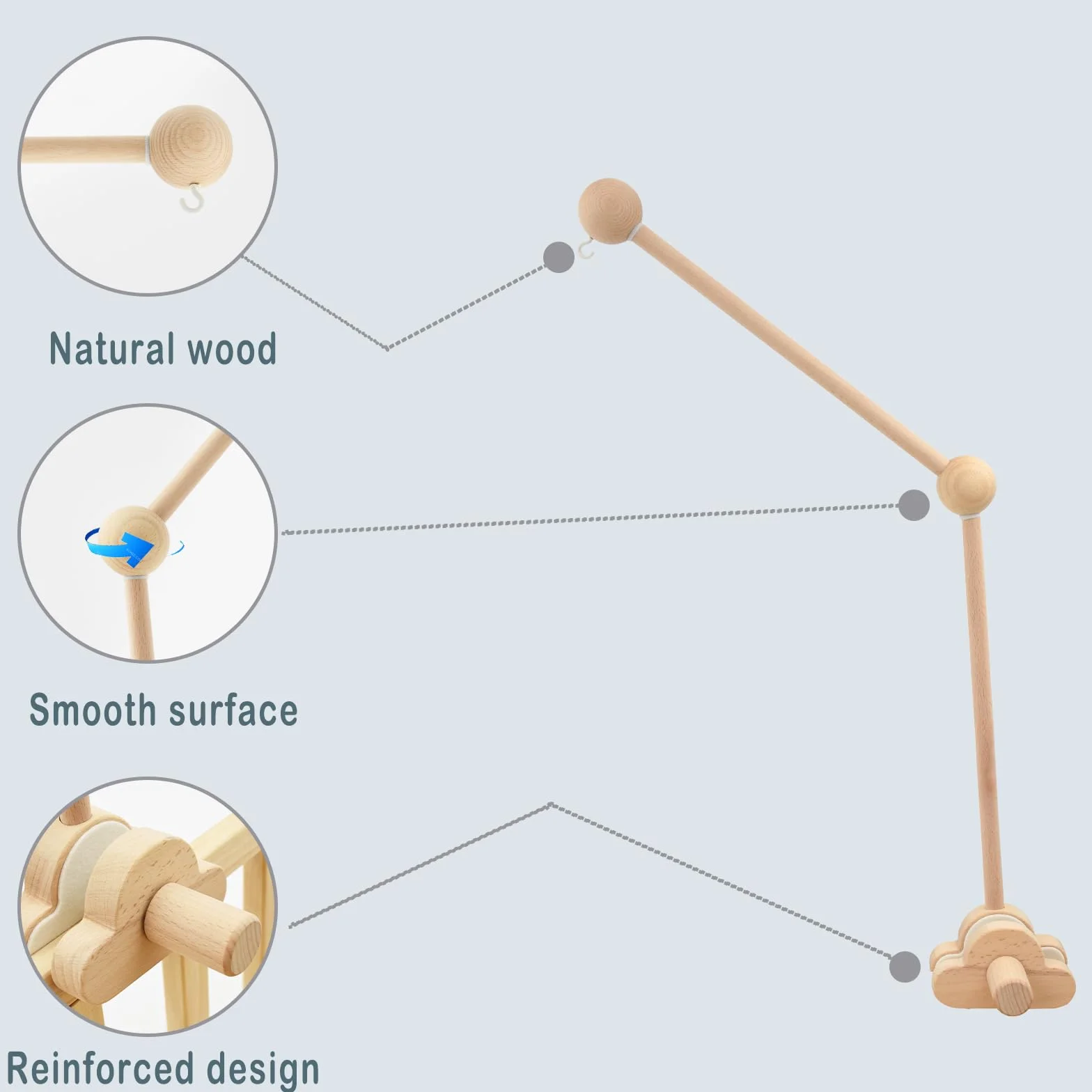 Soporte móvil, Aolkee soporte móvil de madera, bebé en movimiento, brazo móvil de cuna desmontable y ajustable para colgar juguetes de cuna en Movimiento/parabrisas, accesorios de cuna, marrón