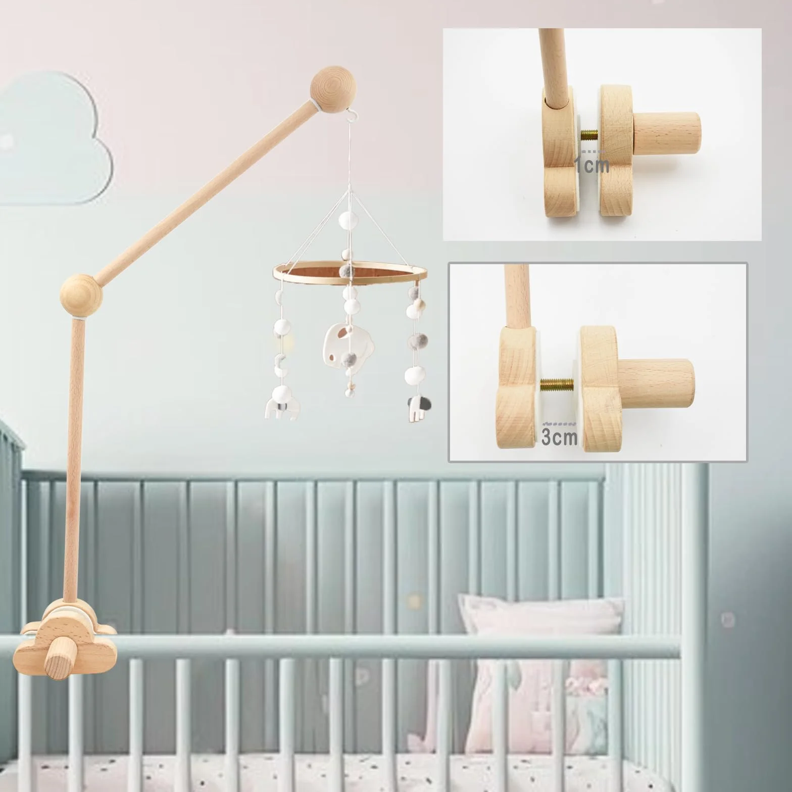 Soporte móvil, Aolkee soporte móvil de madera, bebé en movimiento, brazo móvil de cuna desmontable y ajustable para colgar juguetes de cuna en Movimiento/parabrisas, accesorios de cuna, marrón