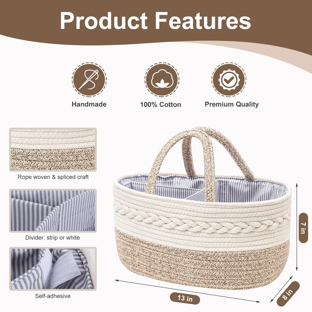 Organizador de canasta de pañales para bebé, cesta de almacenamiento para habitación infantil con 3 compartimentos, lona 100% algodón, cesta de pañales portátil, regalo para recién nacidos