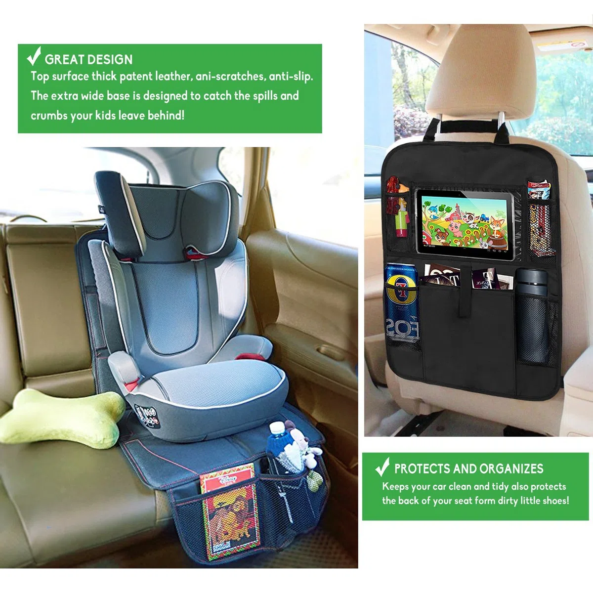 Set de Protector de Asiento de Coche y Organizador de Asiento Cozywind Funda Protección para Asientos de Coche Silla Bebe con Soporte Tablet-Bolsillo,Antideslizante,Universal para Silla ISOFIX