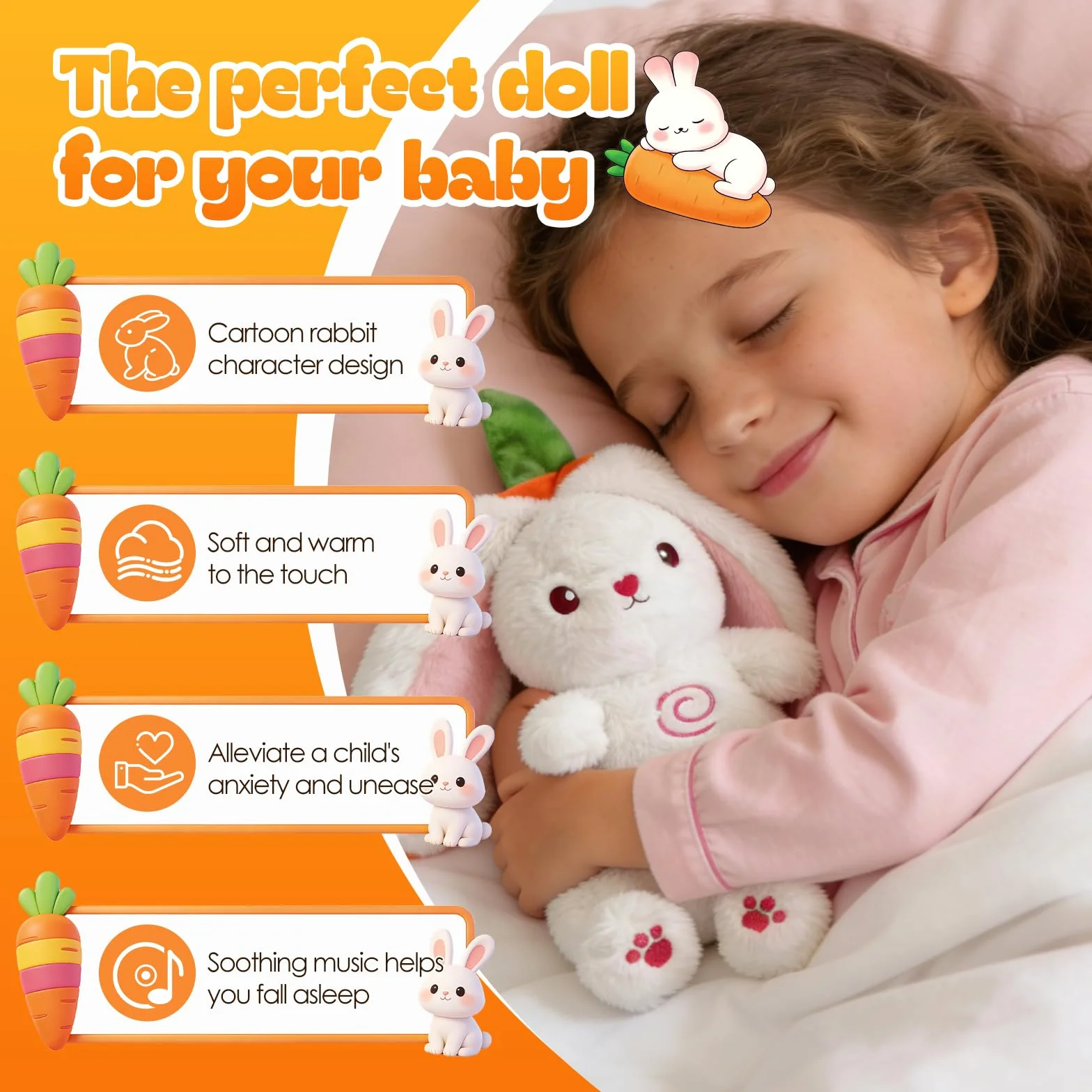 Peluche musical para bebés con respiración, conejo blanco, ayuda a dormir