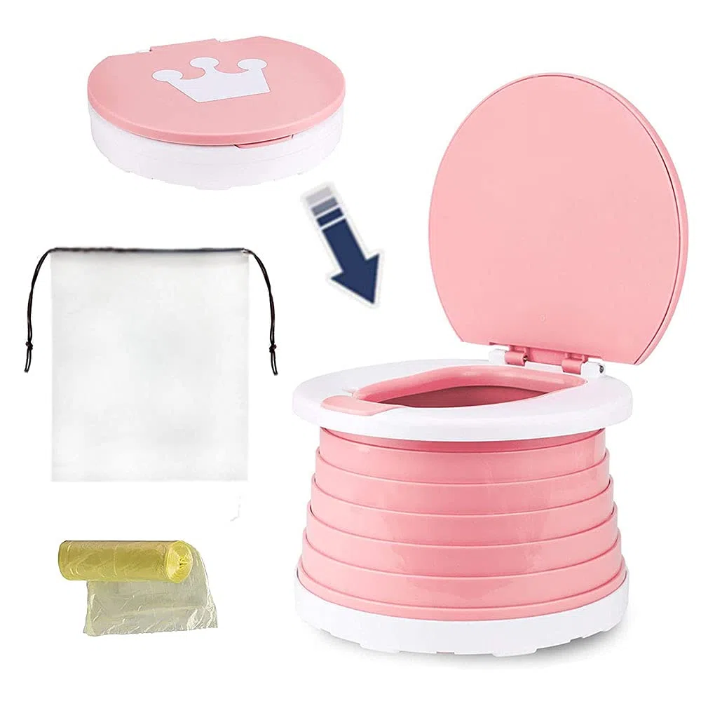 Inodoro plegable para bebés y niños, para viaje, asiento de inodoro portátil, para interiores o exteriores, con bolsa de viaje, rosa