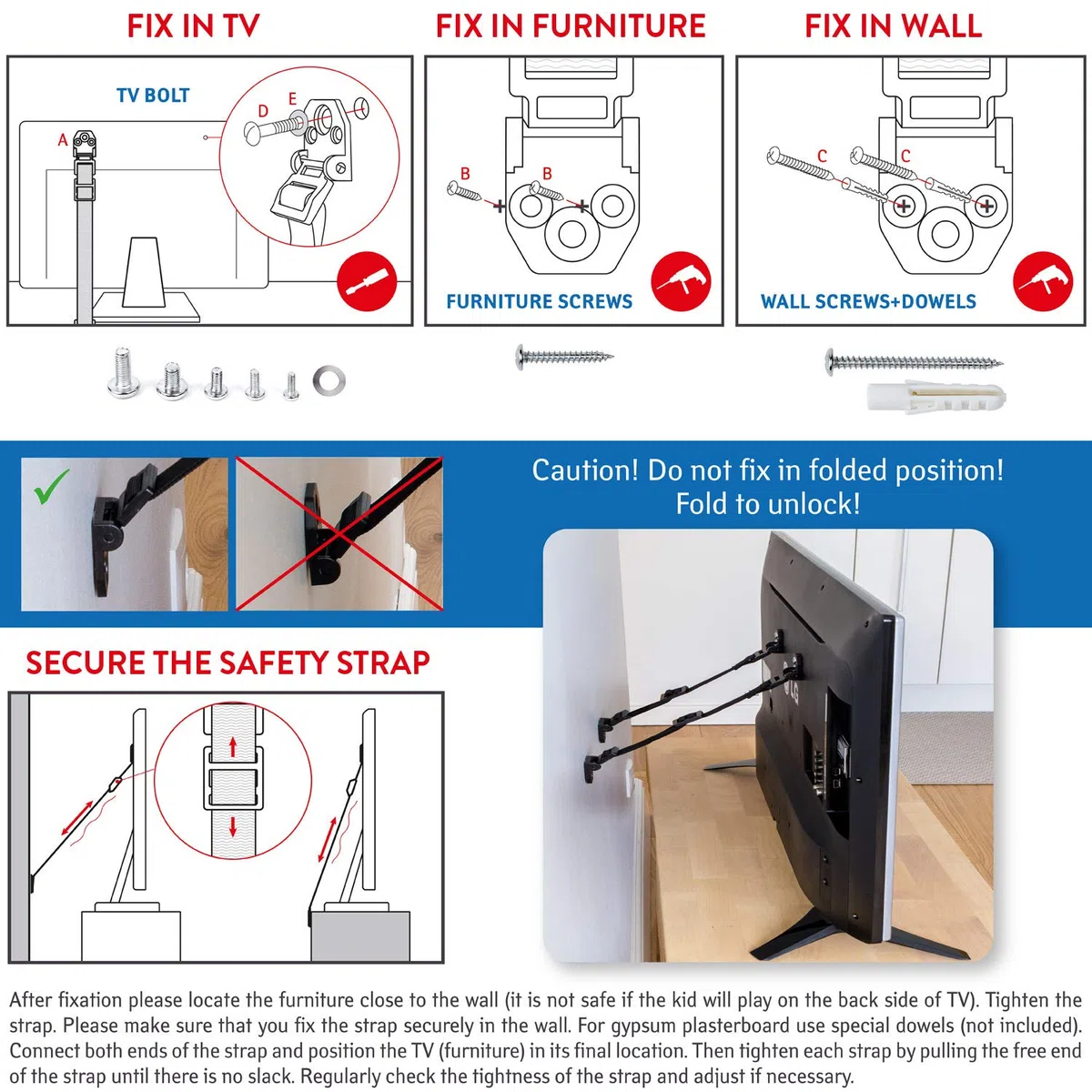Tatkraft Protect Correa de Seguridad TV/Correa de Nylon Universal/Abrazadera para Muebles de Seguridad para Niños 4 Pack, 2 Blancos / 2 Negros